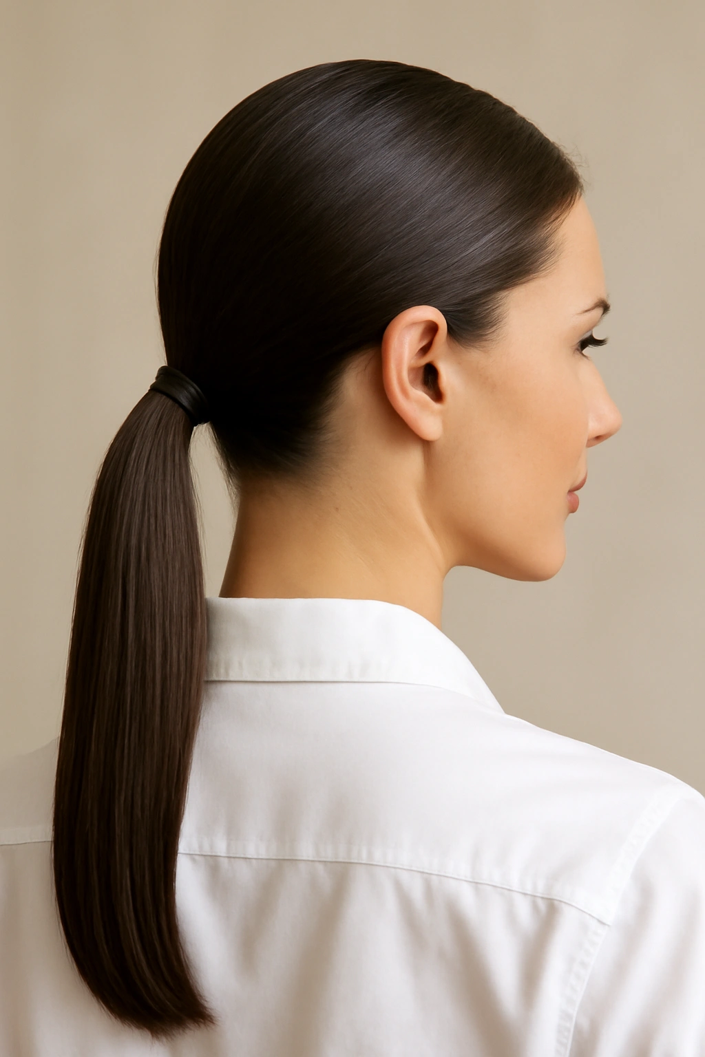 10 Hairstyles That Go With A Button Down Shirt 1 Close-up of a sleek low ponytail at the nape with a crisp button-down shirt