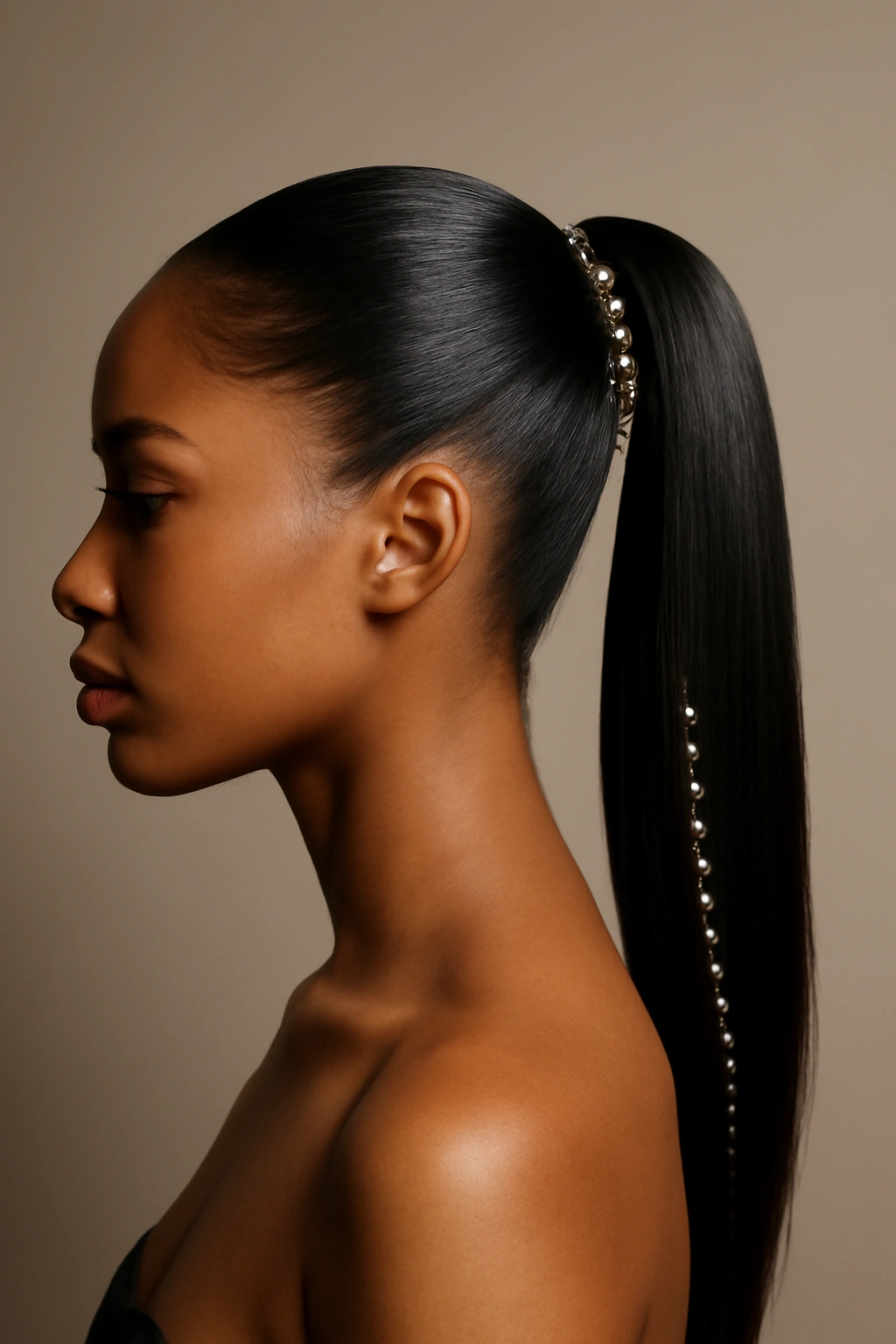 10 Stunning Wedding Guest Hairstyles for Black Women 2 Sleek Ponytail with Embellishments hairstyle with glossy ponytail and decorative accents