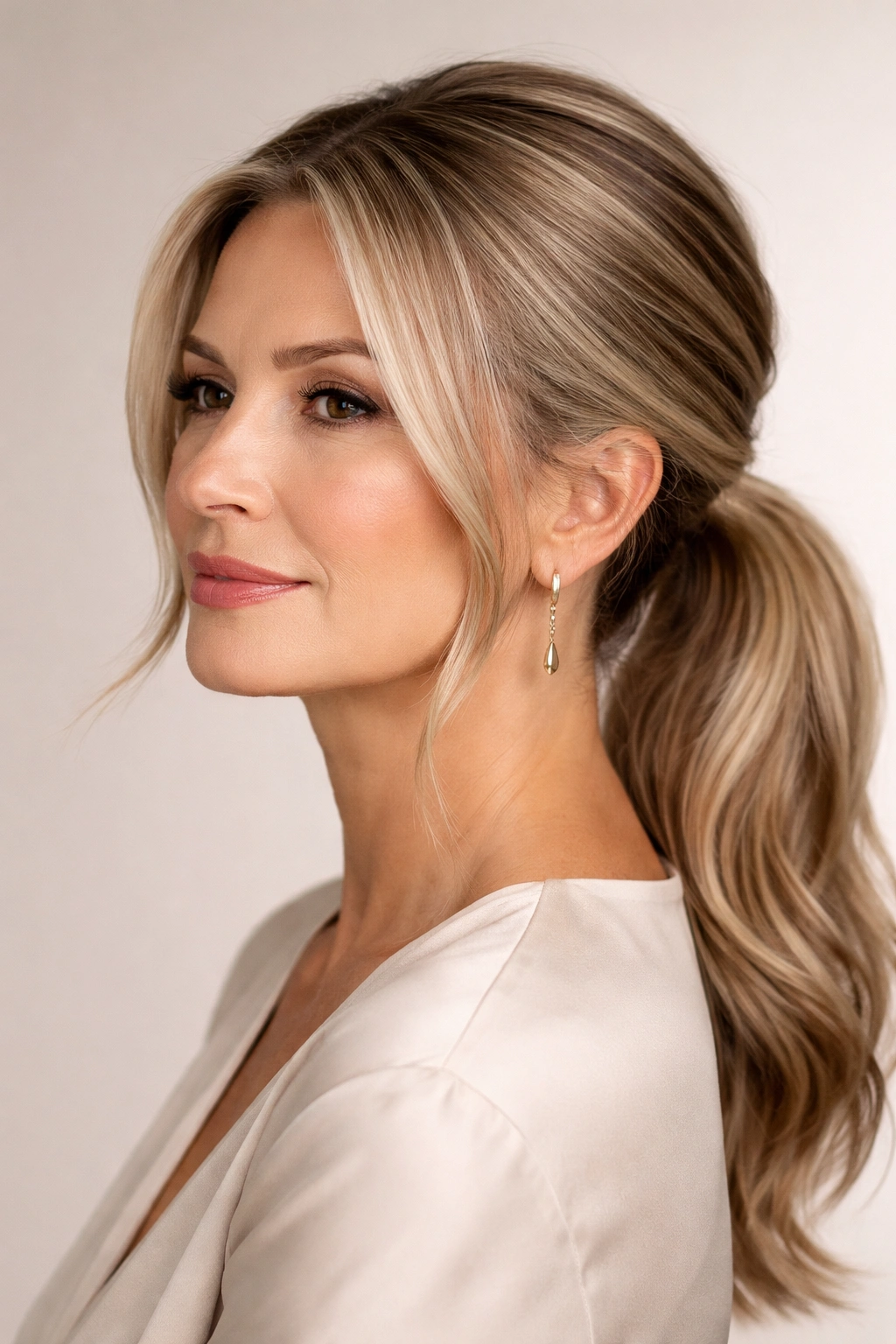 Close-up portrait of a woman with a sleek low ponytail and face-framing pieces