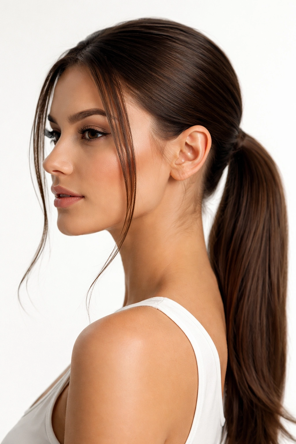 Sleek low ponytail with cheekbone-framing pieces