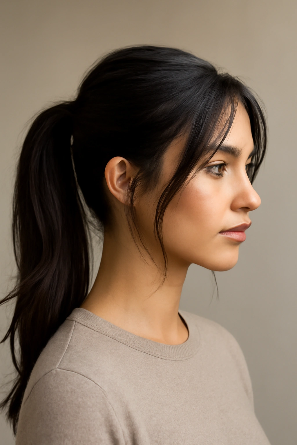 25 Effortless Long Hair Hairstyles Every Woman Needs 1 Close-up of a person with a sleek high ponytail and face-framing layers, glossy smooth hair