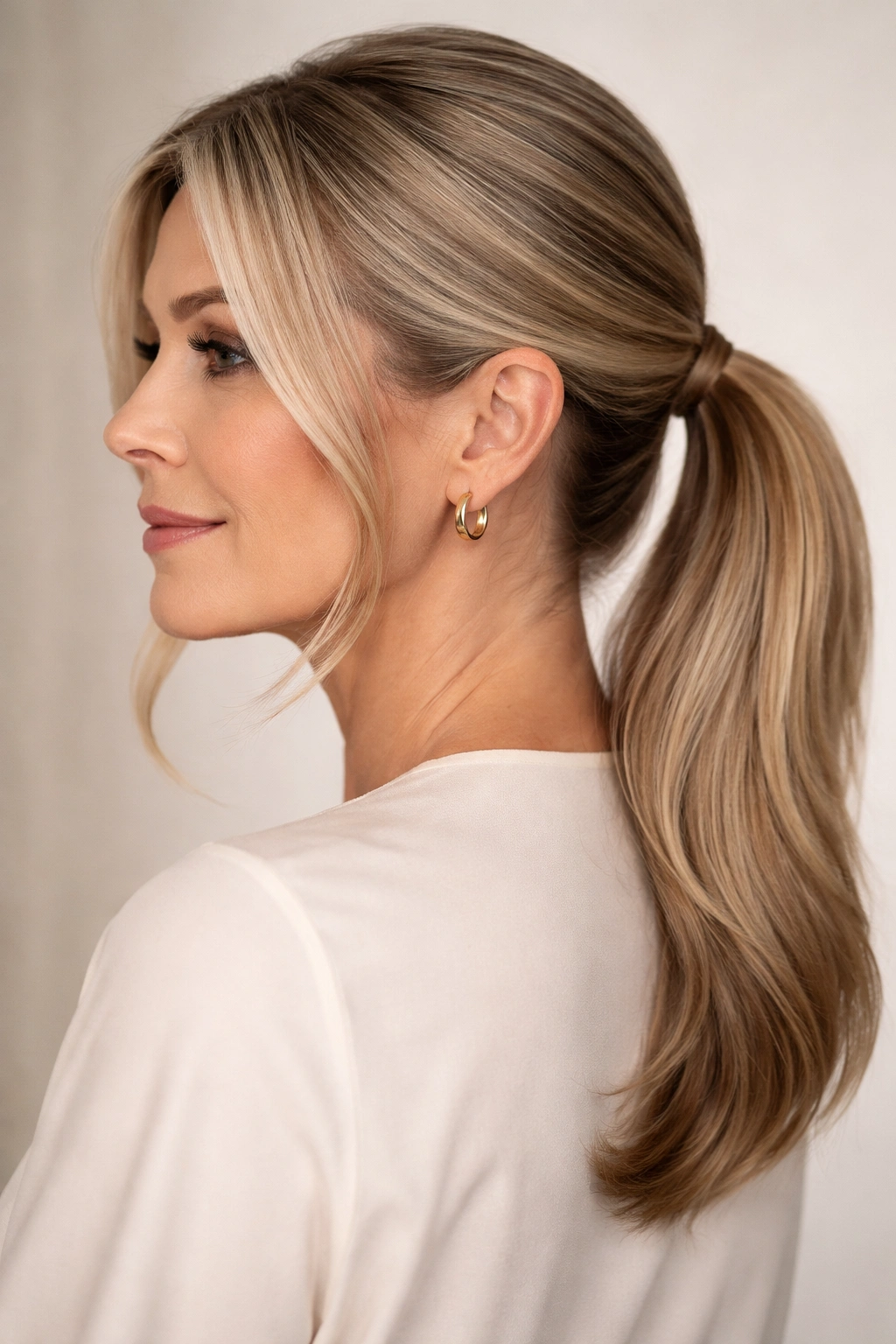 Sleek low ponytail with face-framing pieces on a mature woman, glossy hair