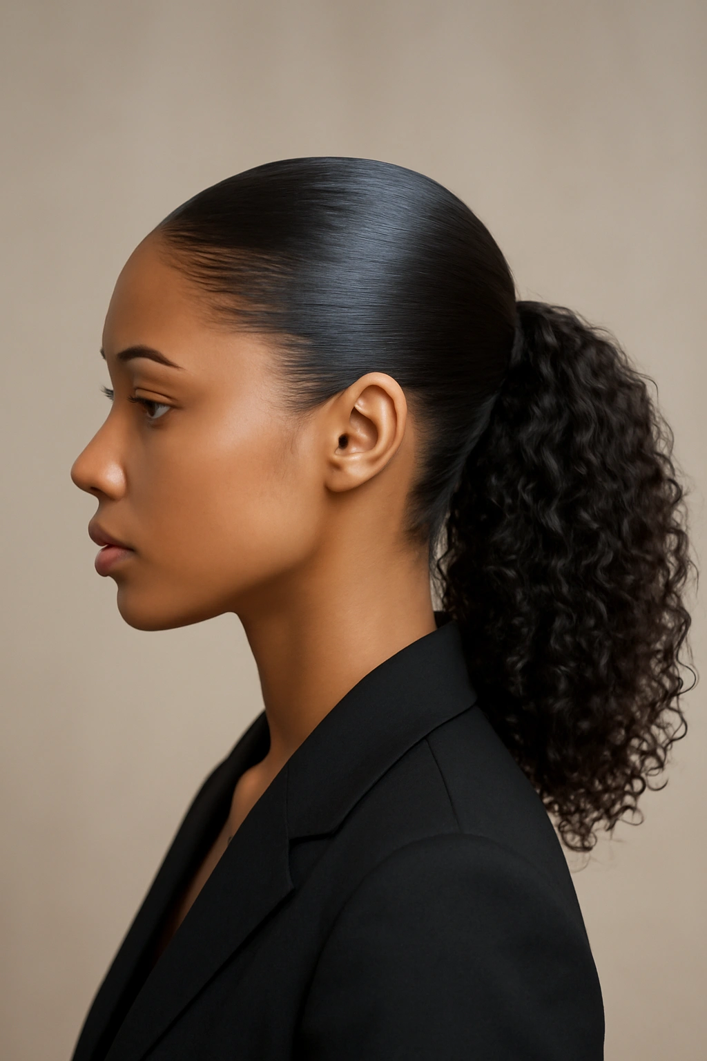 15 Beautiful Ways to Wear Your Naturally Curly Hair 10 Side view of a sleek gel ponytail with smooth hair at the crown
