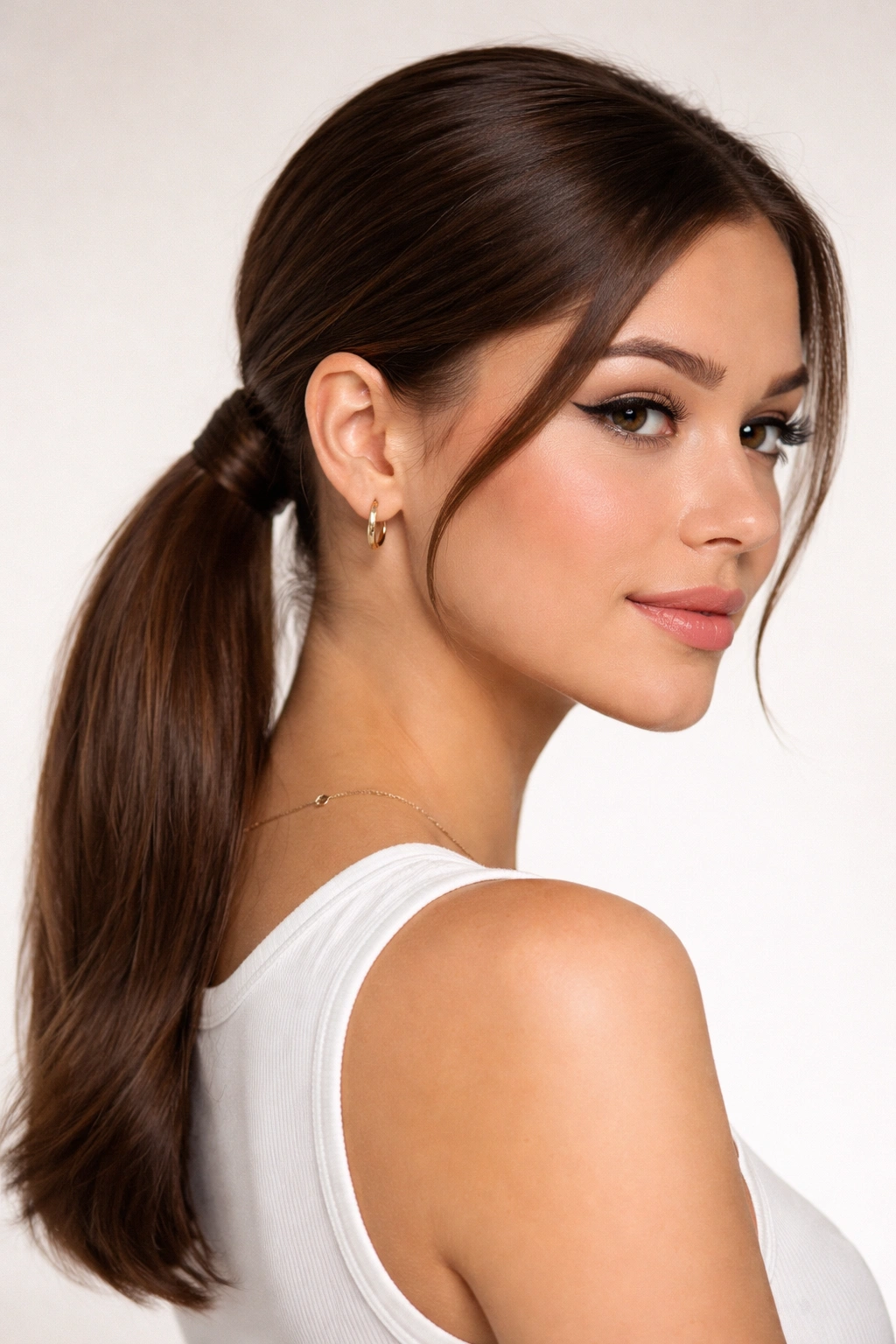 Glossy low ponytail with wrapped elastic