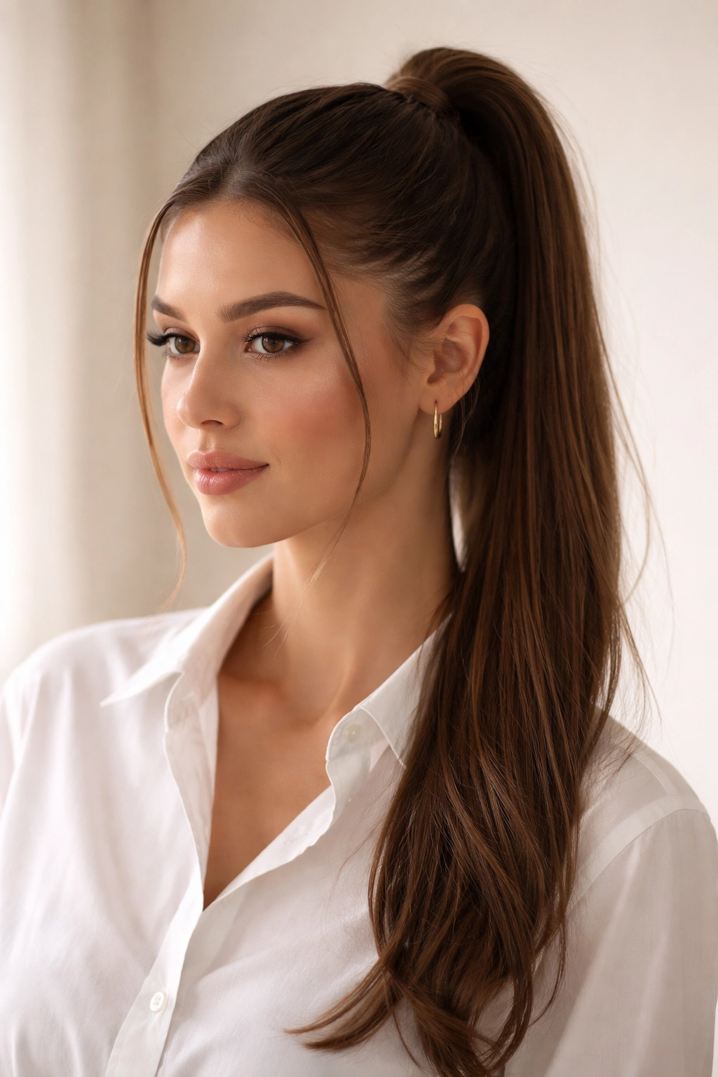 Close-up of a person with a sleek high ponytail and soft face-framing strands