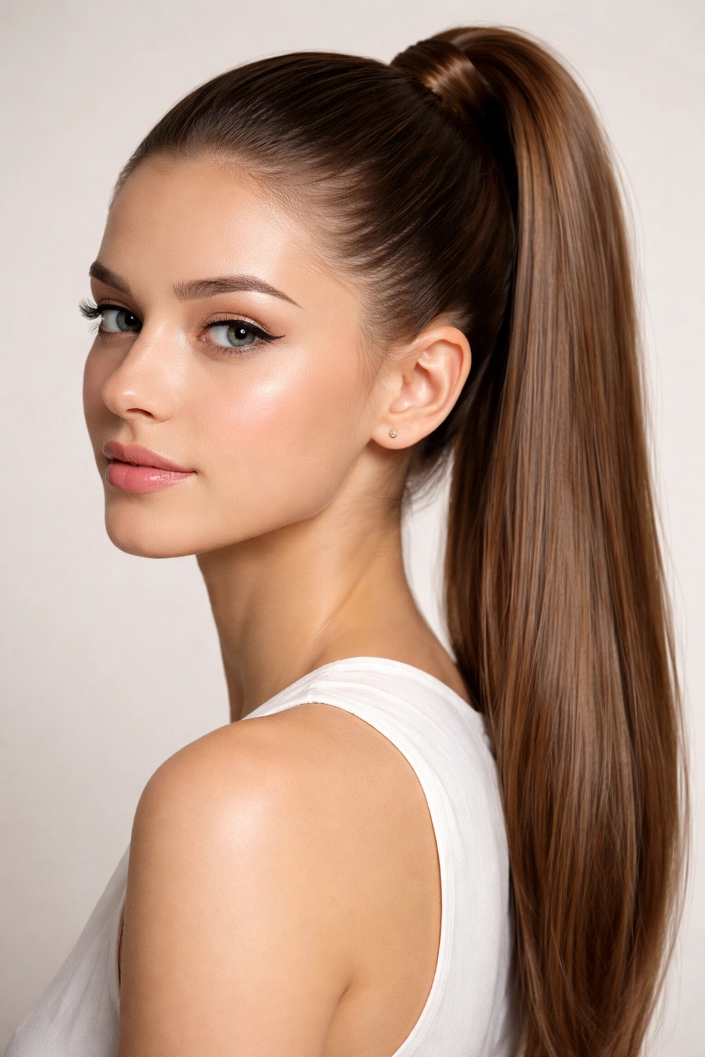 Close-up of a sleek high ponytail with glossy, smooth hair in a studio setting