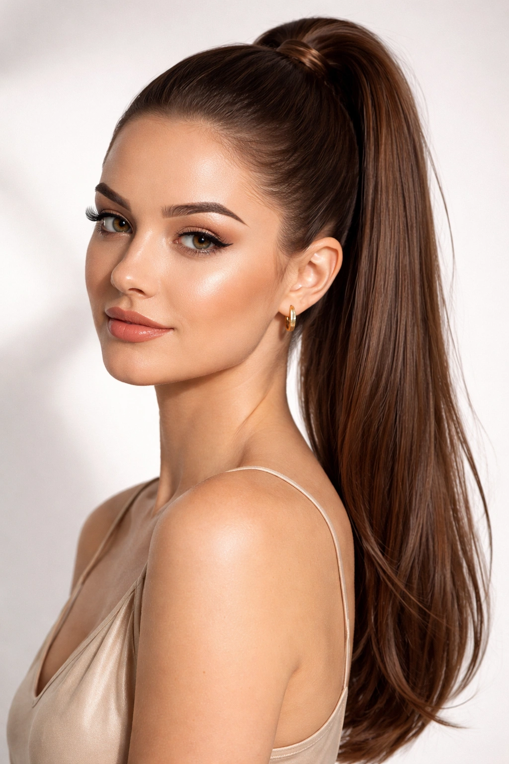 Sleek high ponytail exposing the forehead against a plain background