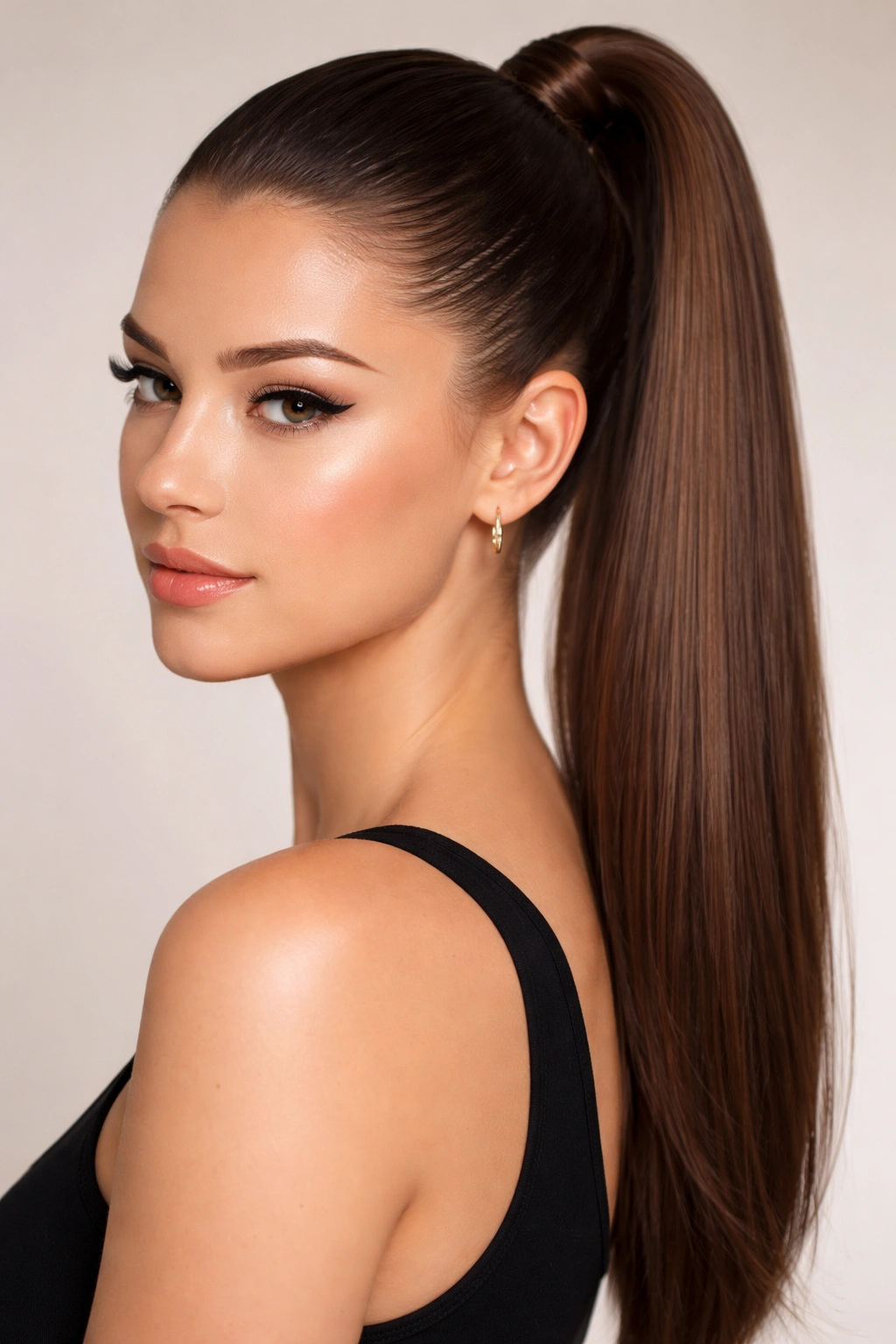 Close-up of a sleek high ponytail with hair pulled tight against the scalp and a glossy finish.