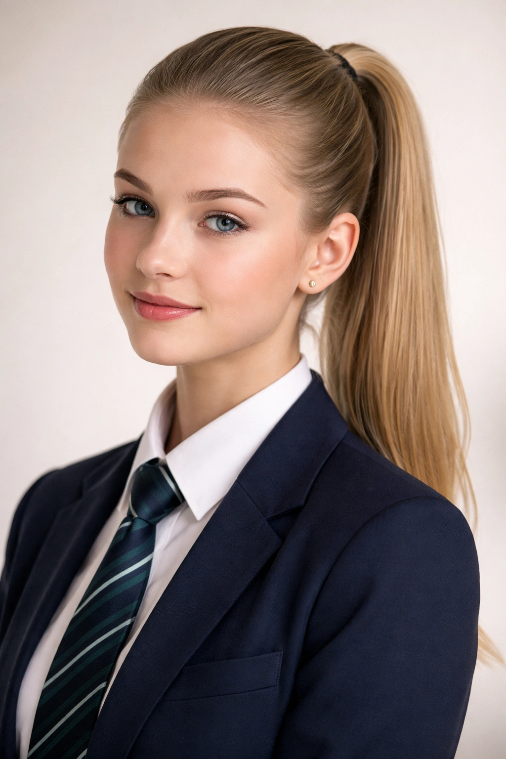 Portrait of a student with a sleek ponytail ready for a busy morning.