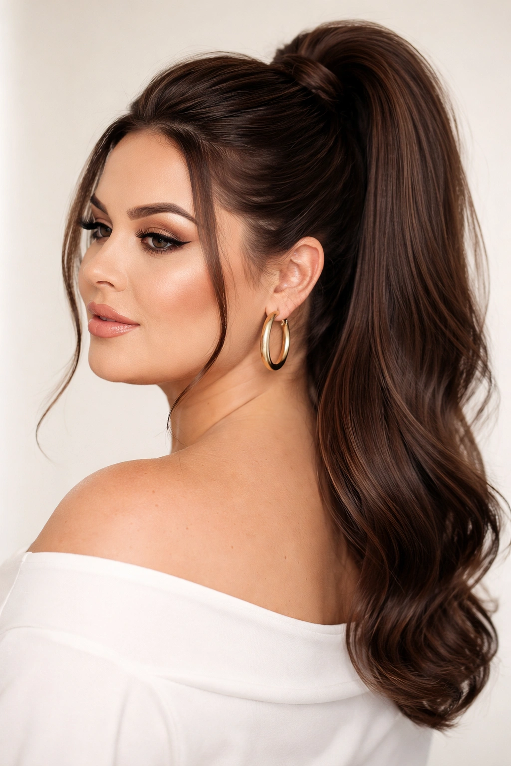 Plus-size woman with a sleek high ponytail and crown volume