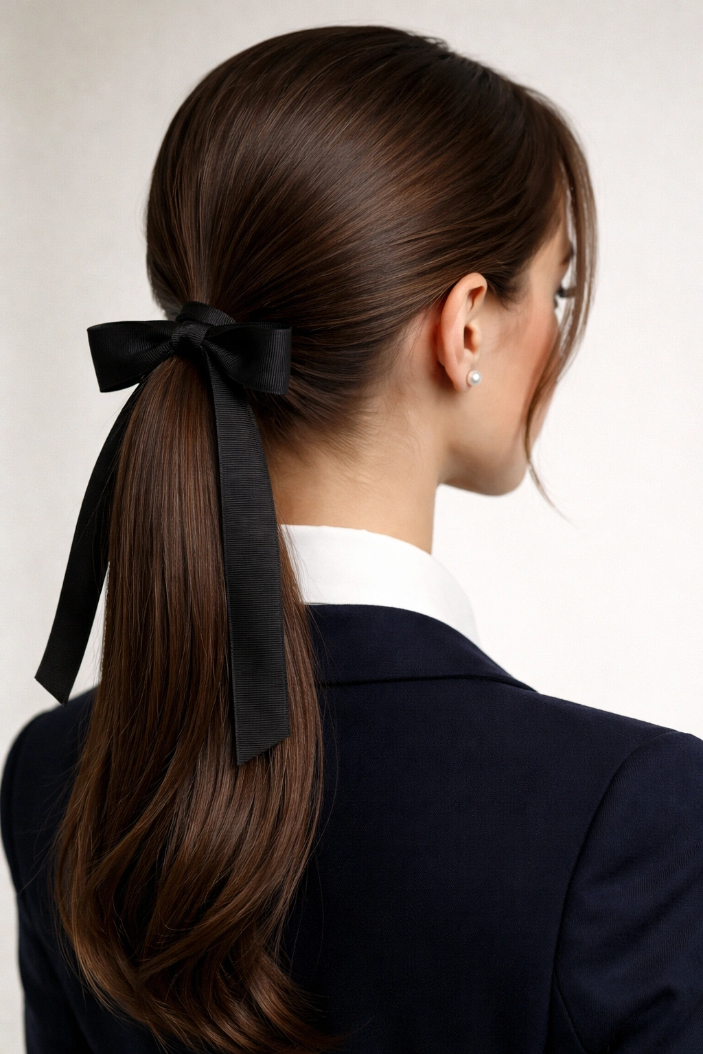 Close-up of a sleek low ponytail with a ribbon bow at the nape, preppy school style
