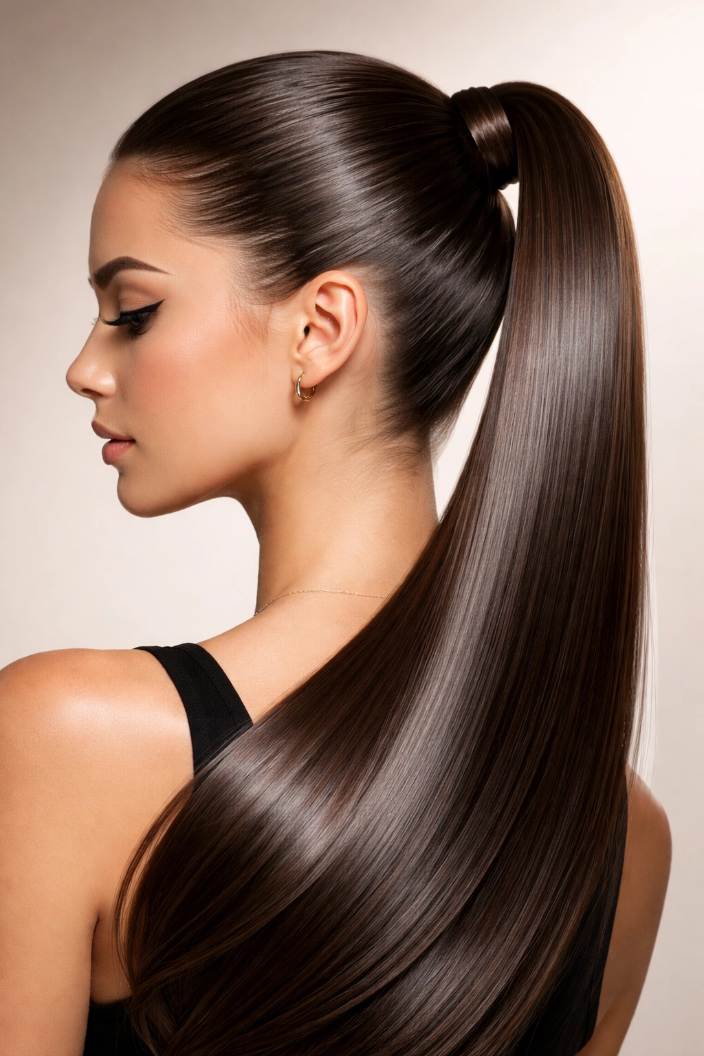 Close-up of a glossy sleek high ponytail showing smooth strands and shine