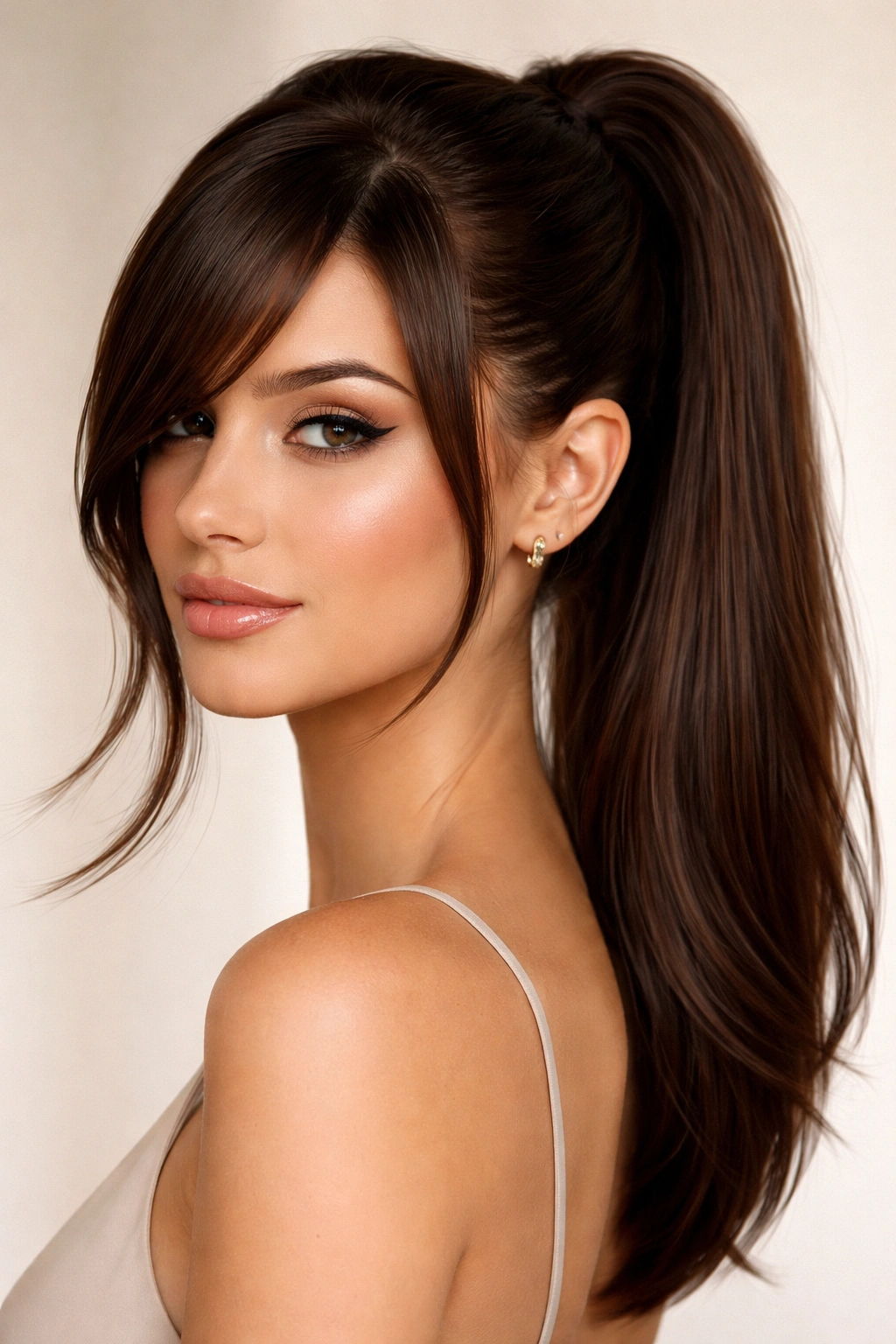 12 Medium Hair Ideas Styled With Long Side Bangs 8 Model with sleek ponytail and long side bangs in a clean studio