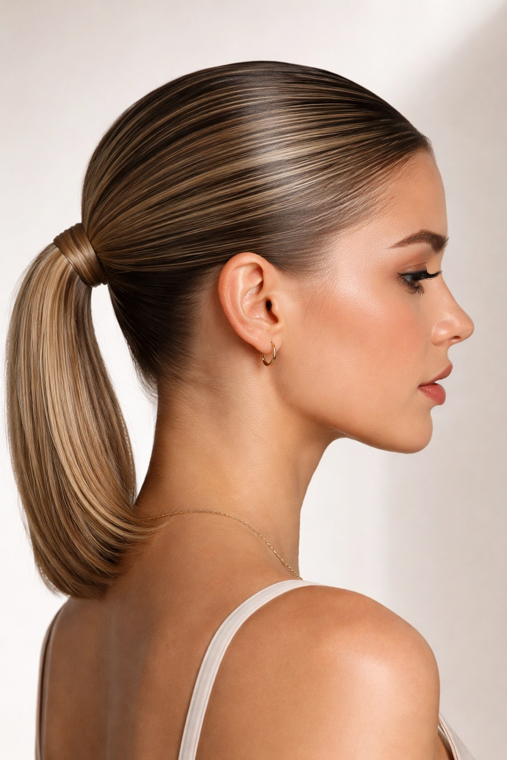 Sleek slicked-back ponytail at the nape with glossy finish