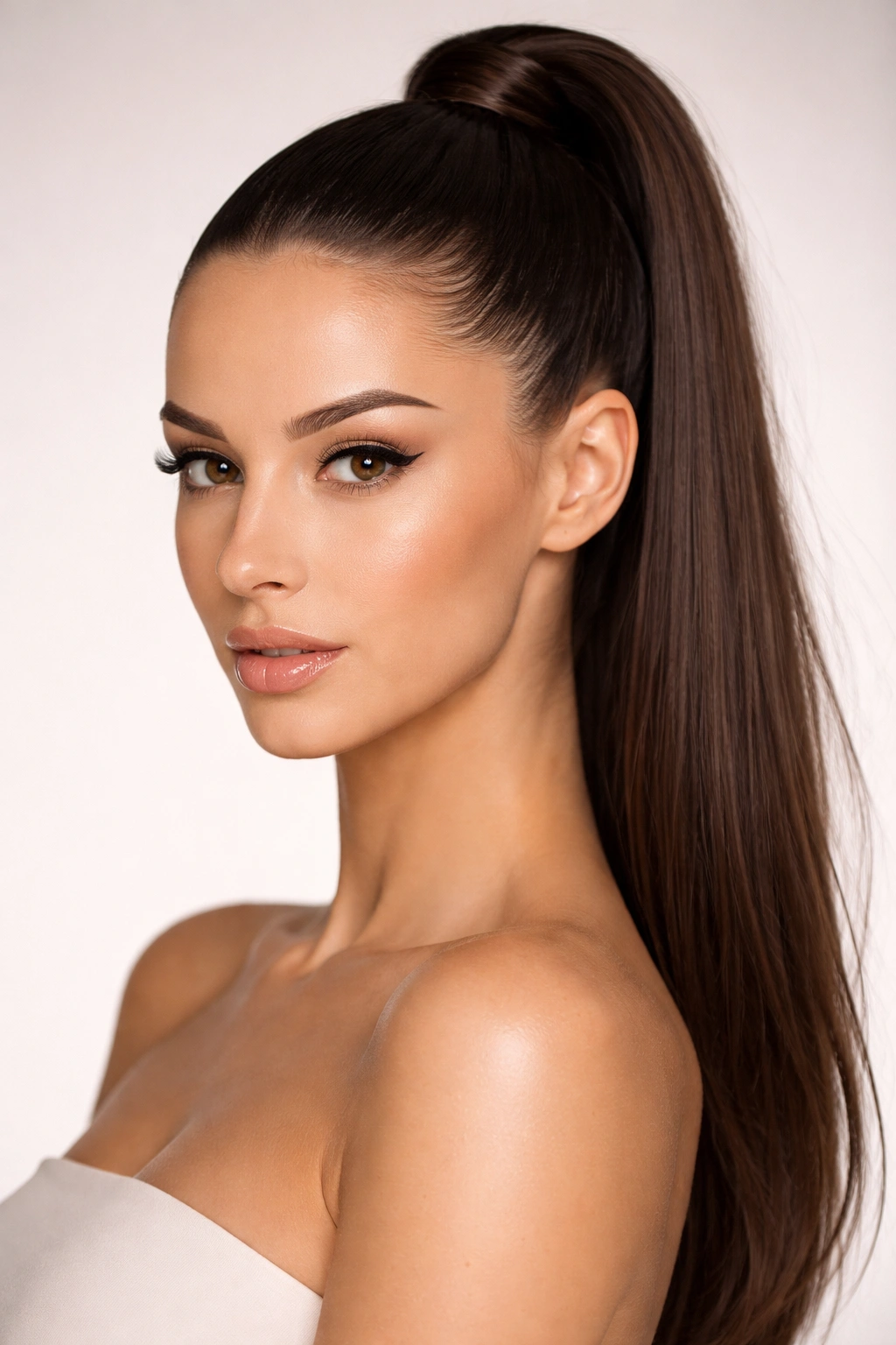 15 Hairstyles That Complement A Longer Face Shape 13 Close-up of a sleek high ponytail with smooth sides highlighting cheekbones