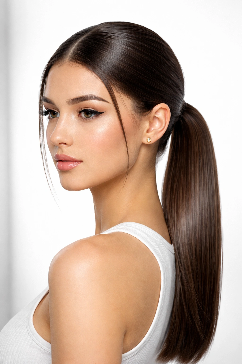 Teen with a sleek low ponytail hairstyle.