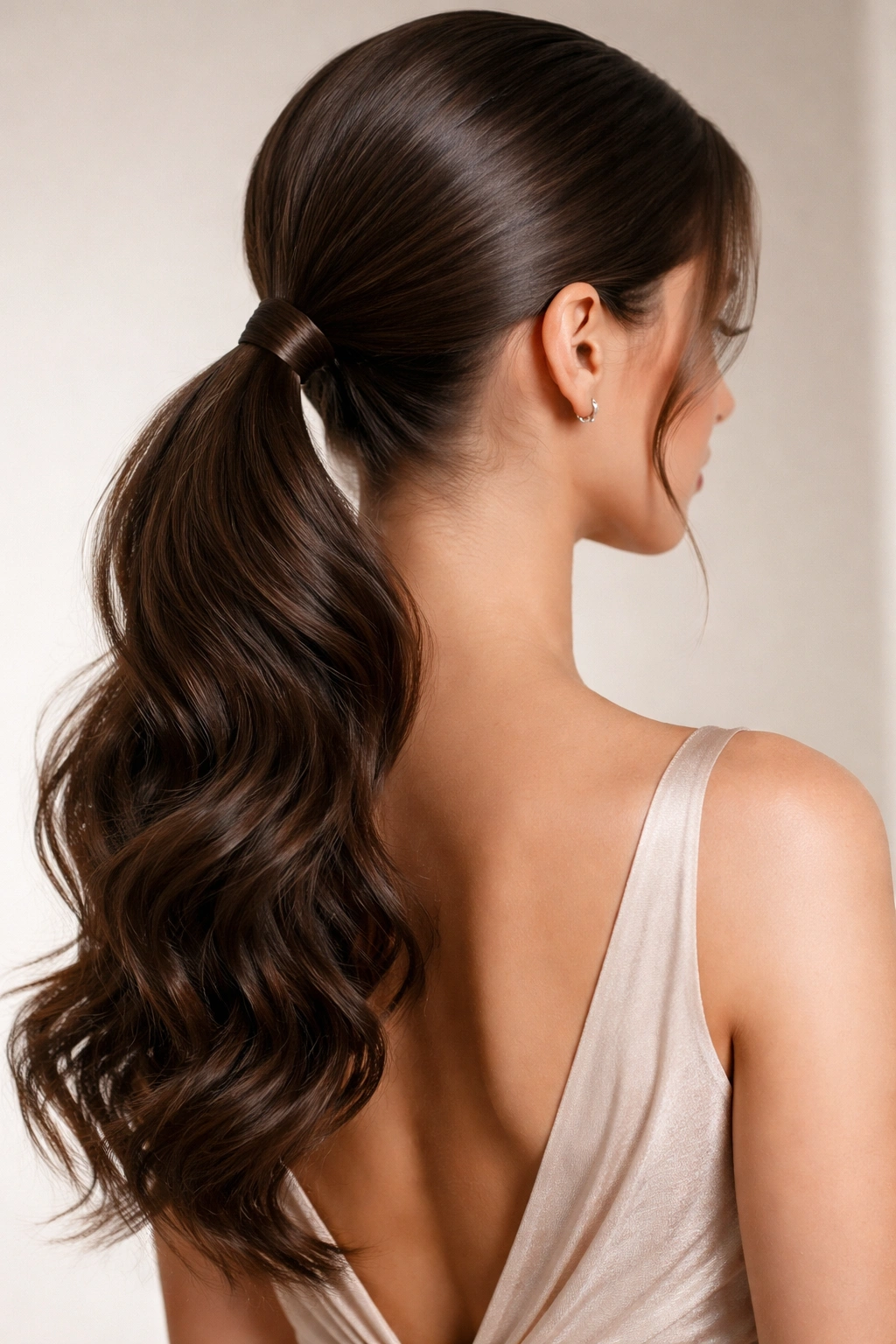 Sleek low ponytail with a textured, curled tail at the nape