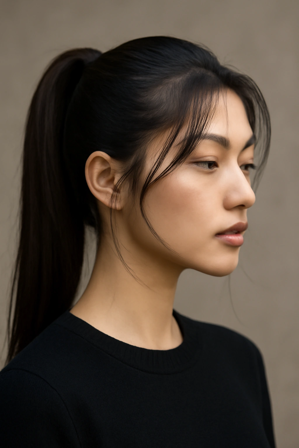 15 Korean Hairstyles Women Are Copying Right Now 9 Sleek high ponytail with wispy face-framing pieces framing the face