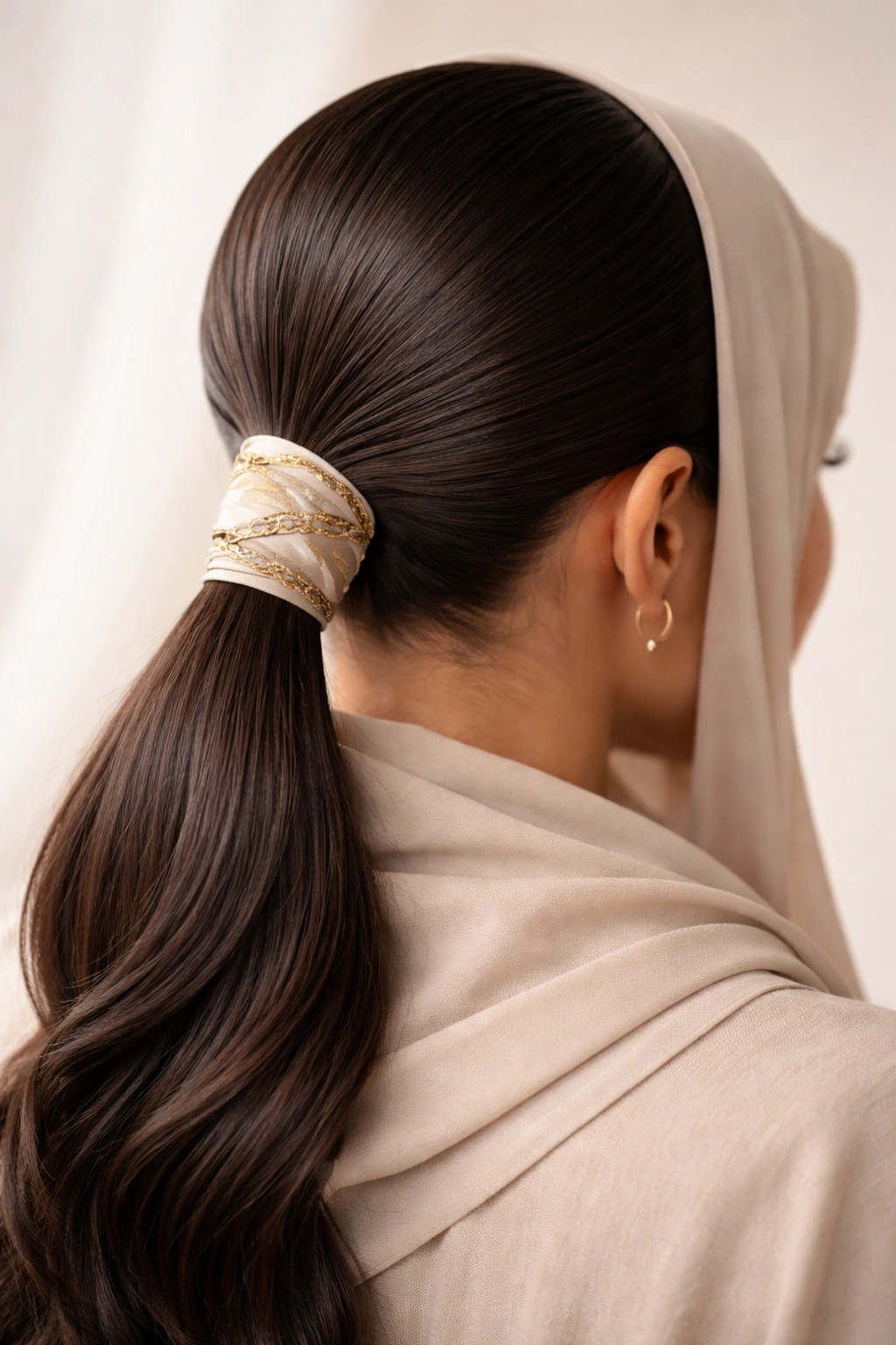 Sleek low ponytail at nape with decorative wrap under soft lighting