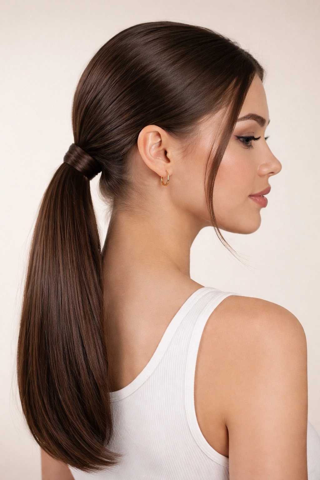 Sleek low ponytail with wrapped elastic and hidden band