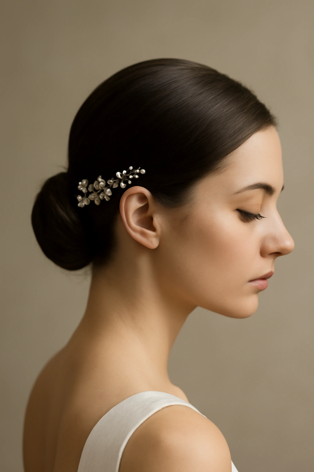 10 Pretty Bridesmaid Hairstyles for Short Hair 6 Sleek pulled-back hairstyle with delicate hair accessory