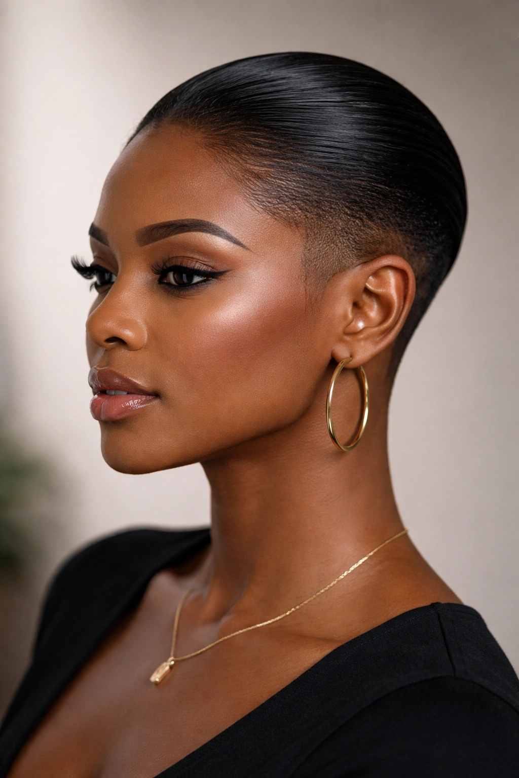 Portrait of a Black woman with sleek pulled-back hairstyle and fade in studio lighting