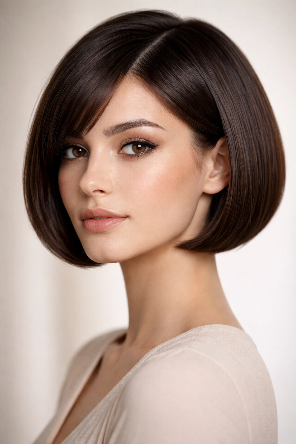 Portrait of a person with a sleek rounded bob highlighting a curved silhouette