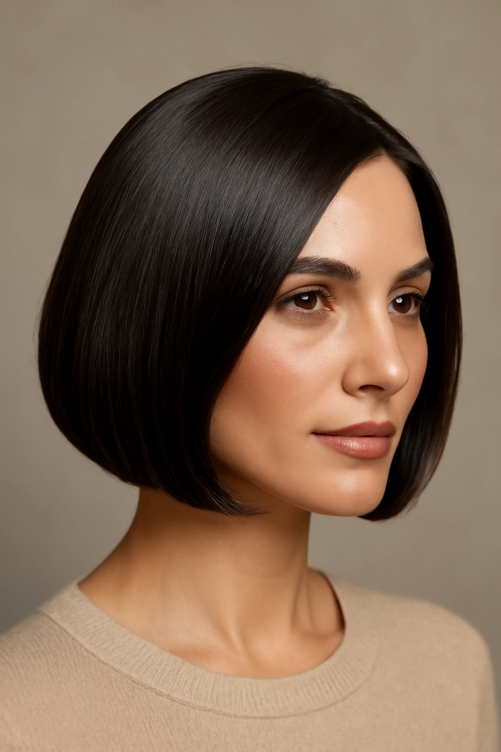 Sleek rounded bob with glossy shine and healthy texture