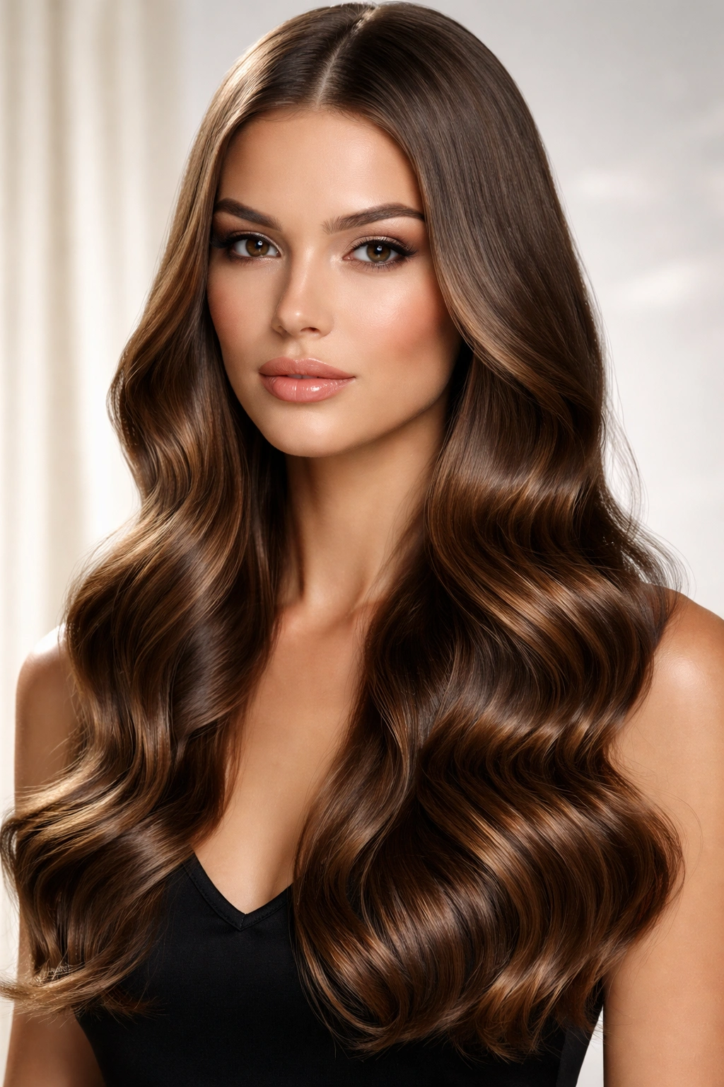 Polished hairstyle with smooth roots and defined satin waves