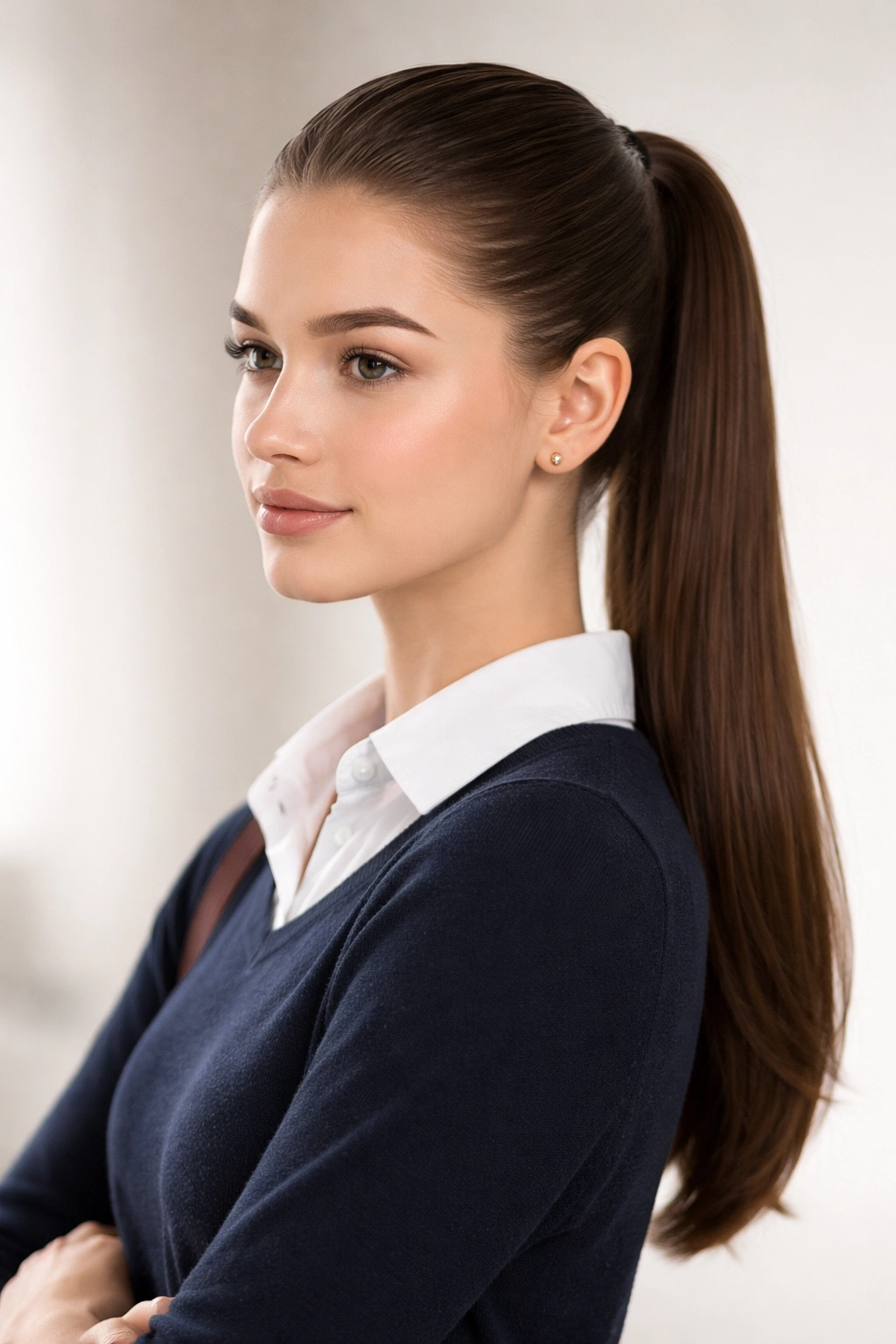 Student with sleek pulled-back ponytail on neutral backdrop