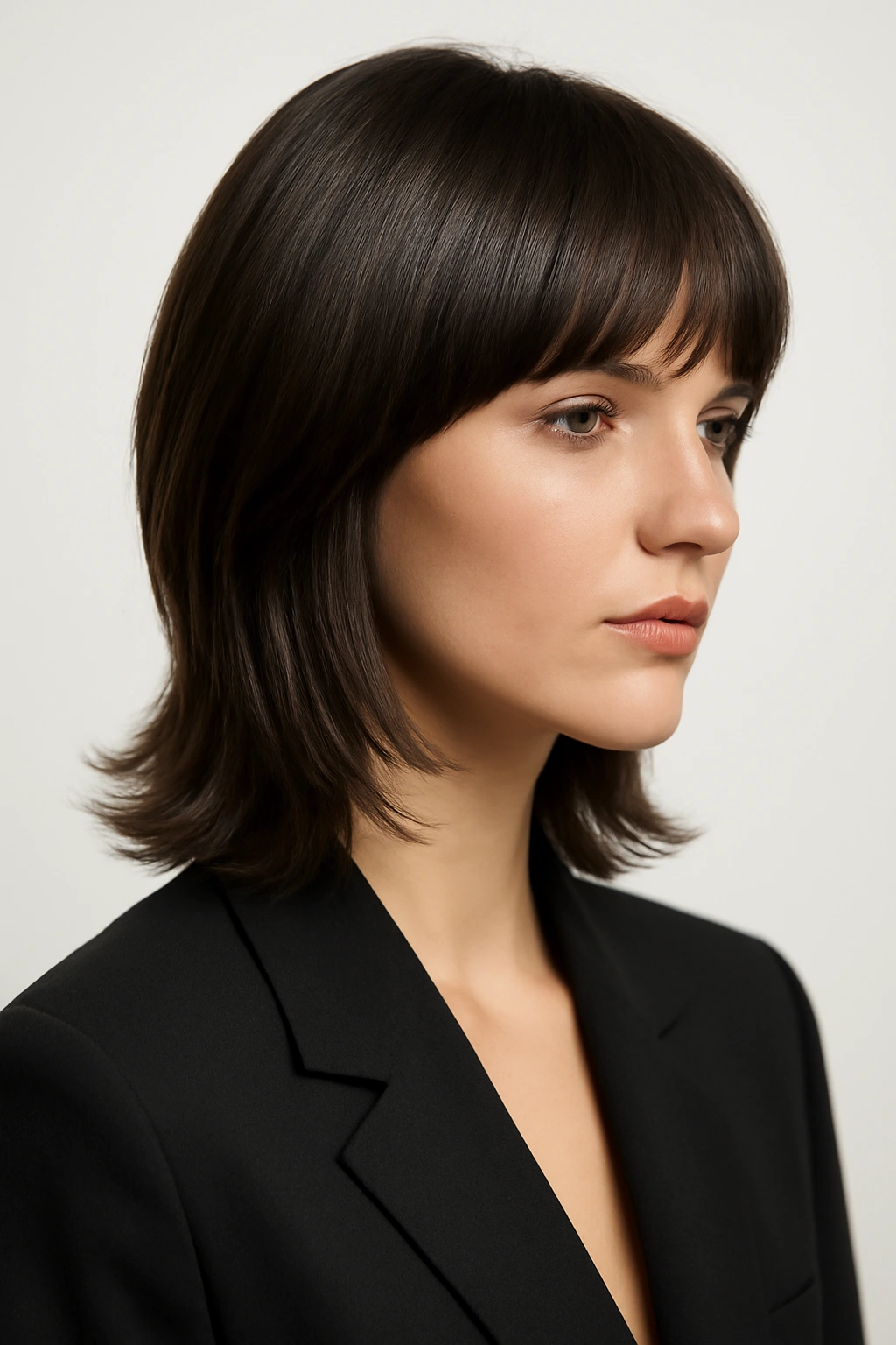 20 Shag Cuts That Instantly Upgrade Your Look 8 Portrait of a person with a sleek, glossy shag cut