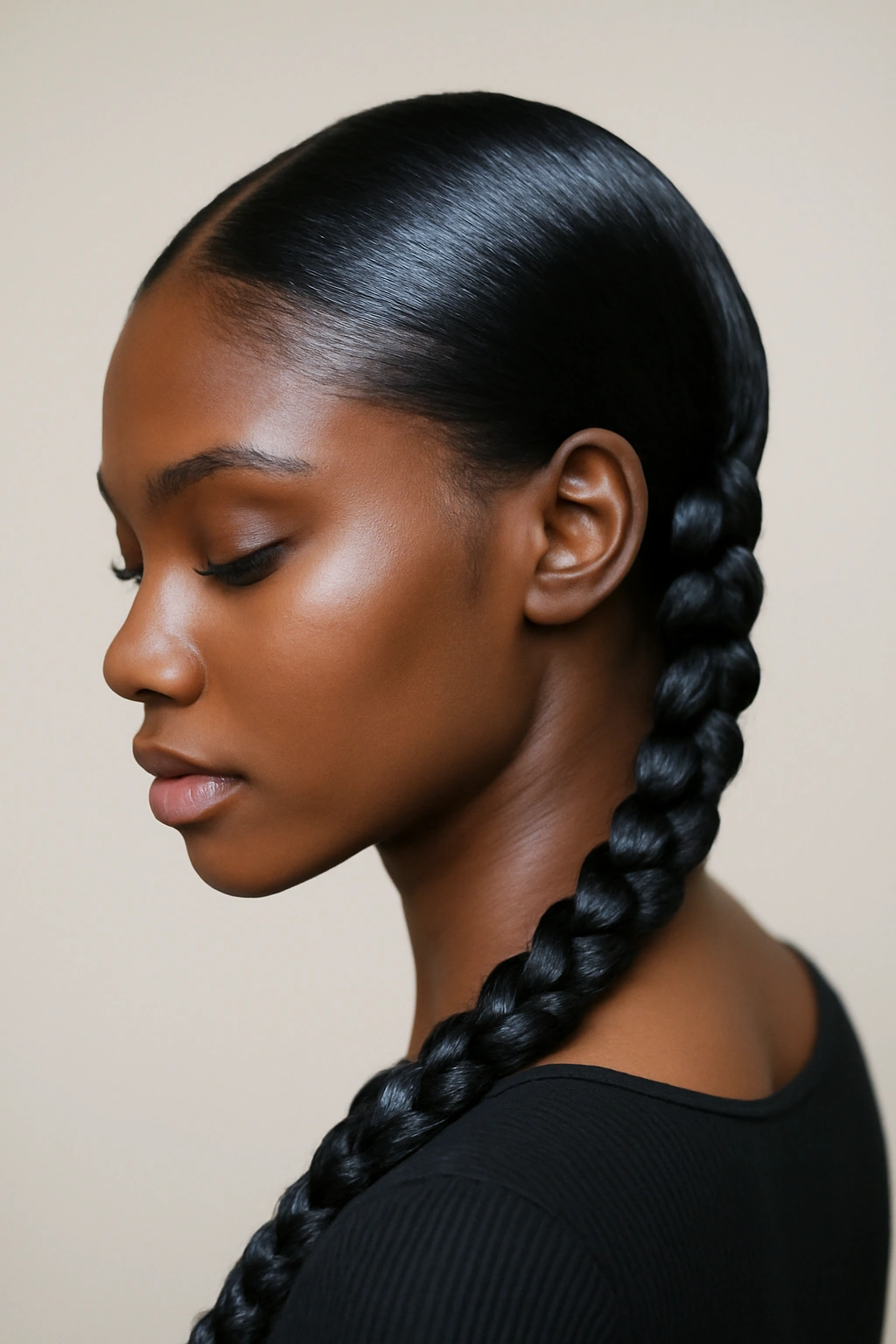 10 Pigtail Braid Styles Black Women Should Bookmark 10 Close-up of sleek, glossy pigtail braids with a clean part