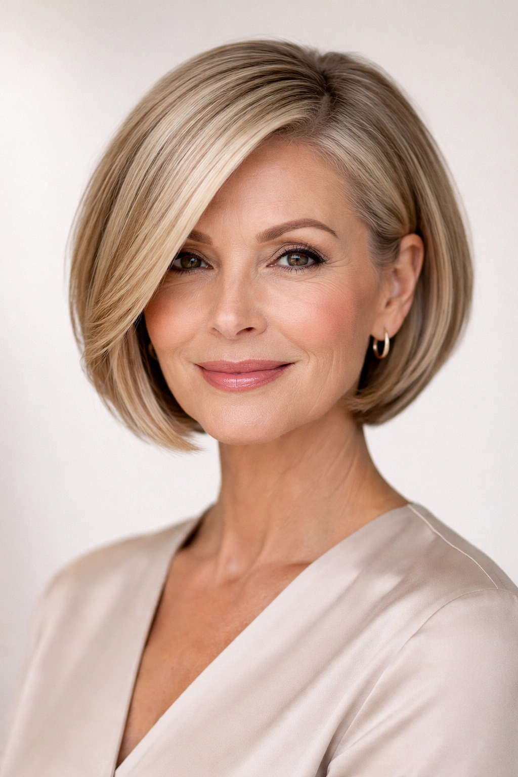 Frontal portrait of a sleek short bob with a deep side part and shine