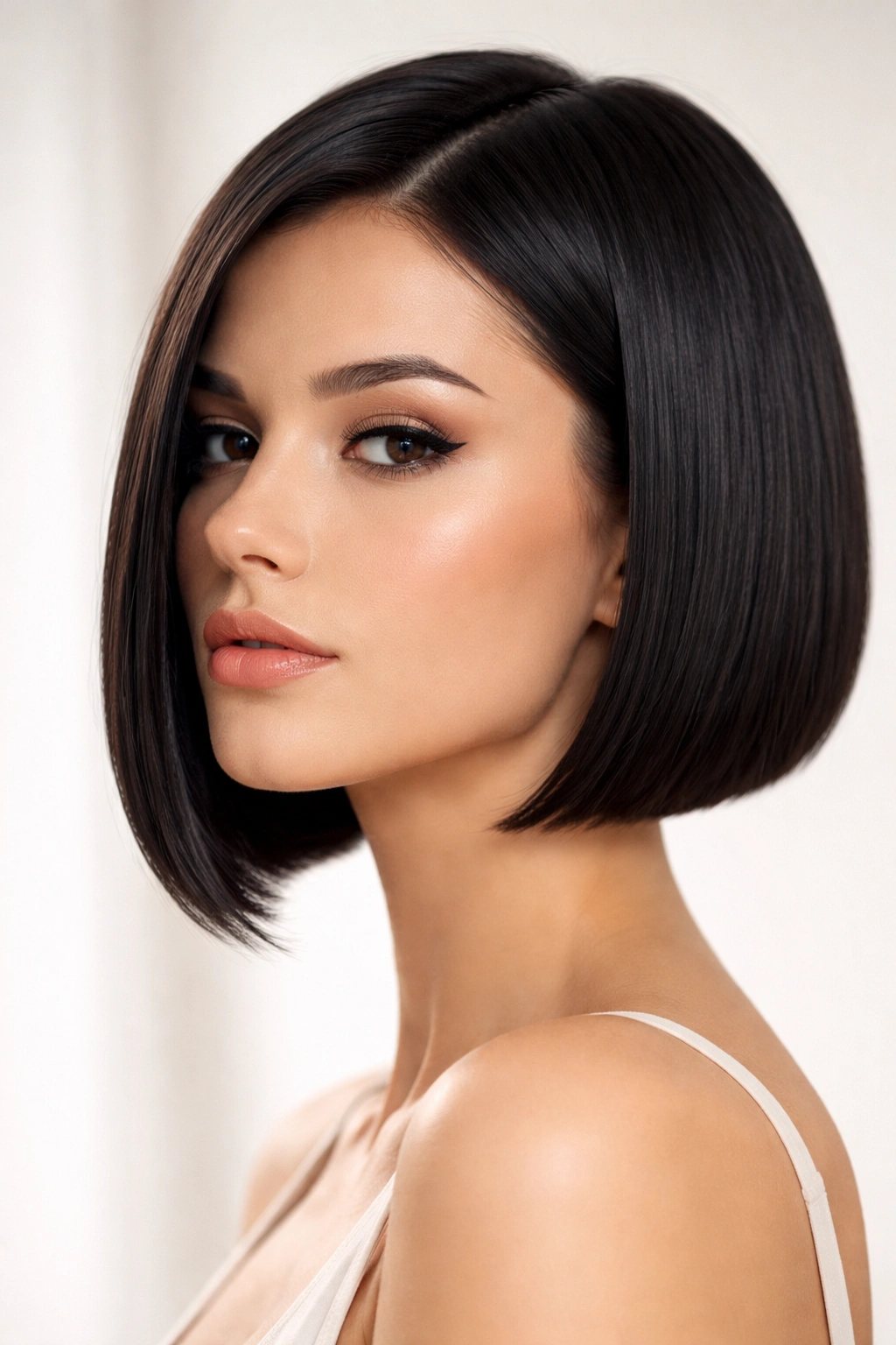 Sleek short bob with a crisp blunt edge and glossy finish.
