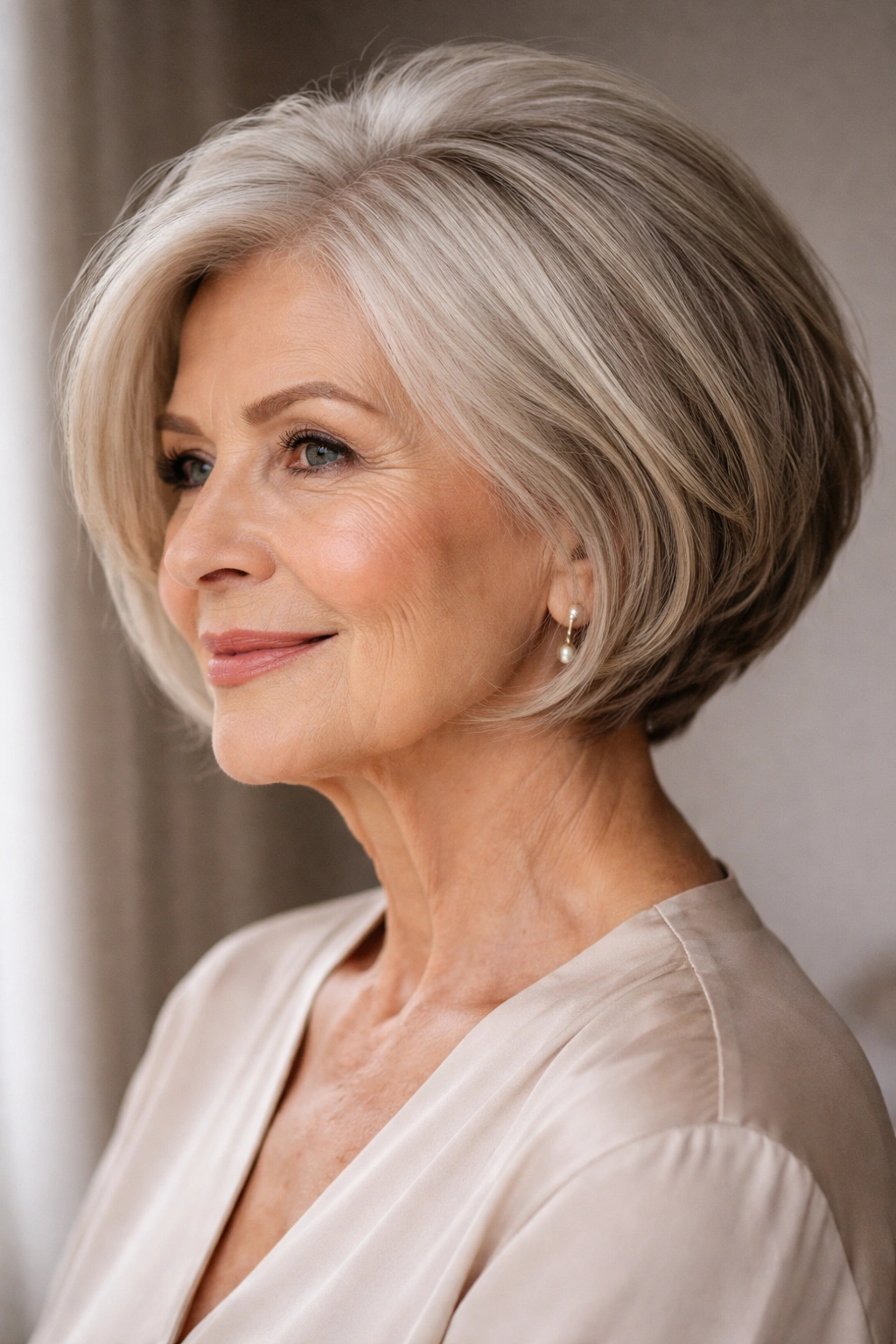 15 Hairstyles For Women Over 70 With Fine Hair 3 Close-up portrait of a woman with a sleek short bob and crown volume.