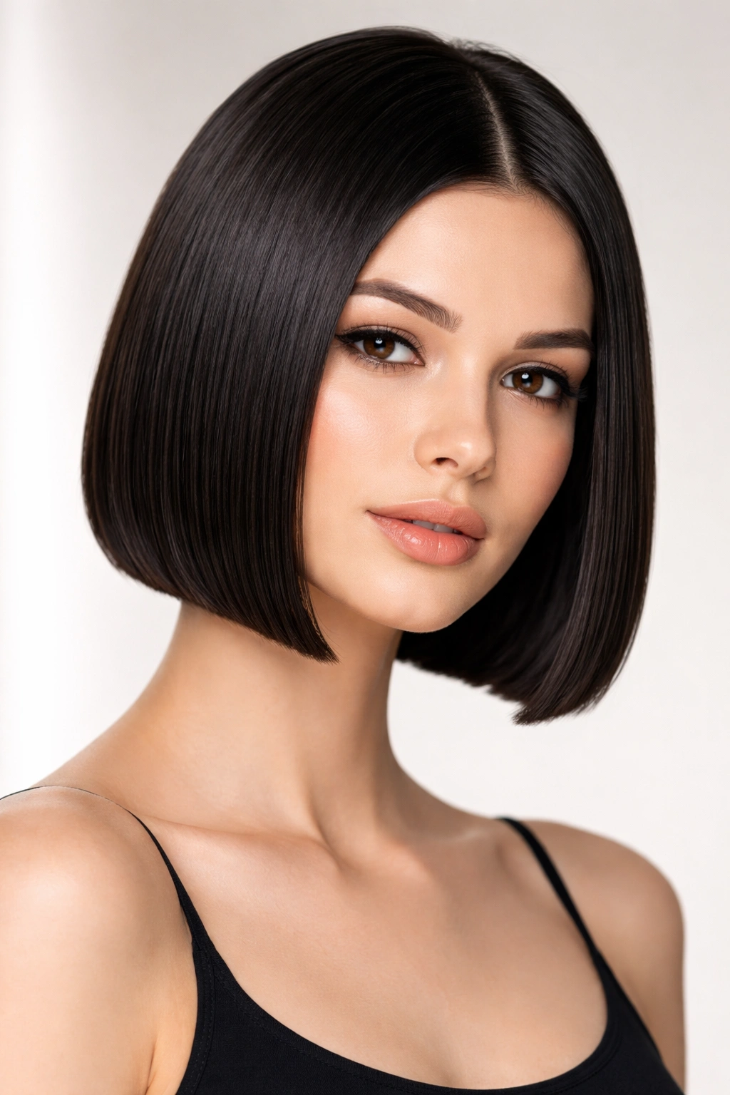 Sleek blunt-cut short bob on straight hair