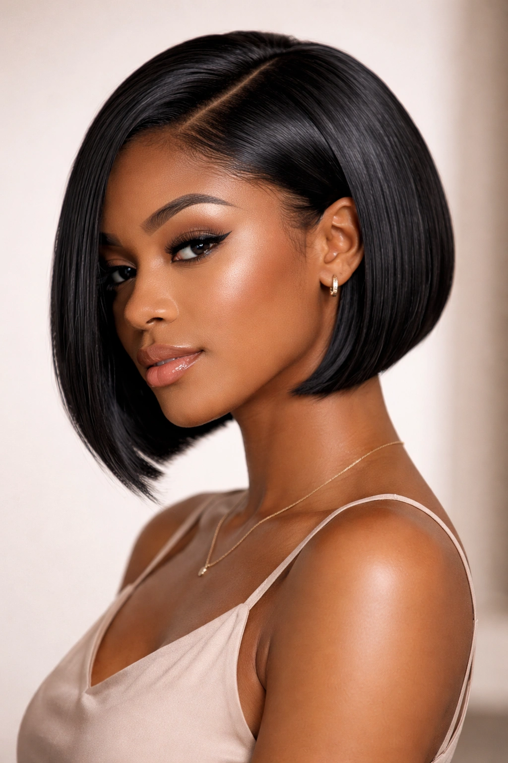 Close-up of sleek chin-length bob weave with sharp lines