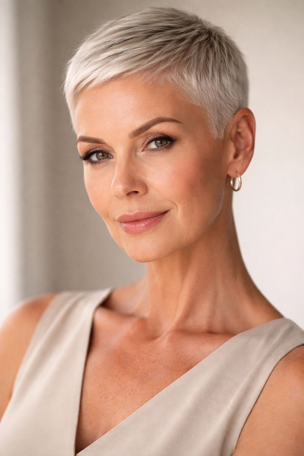 15 Youthful Haircuts That Flatter Older Women 8 Close-up of a mature woman with a sleek ultra-short crop highlighting crisp lines