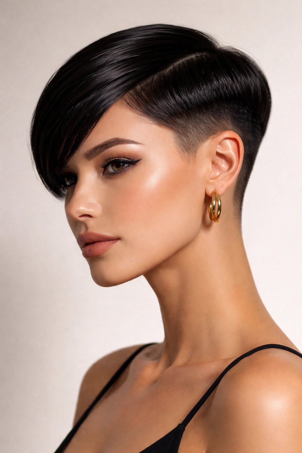 Portrait of a woman with a sleek blunt short cut showing sharp lines and glossy finish