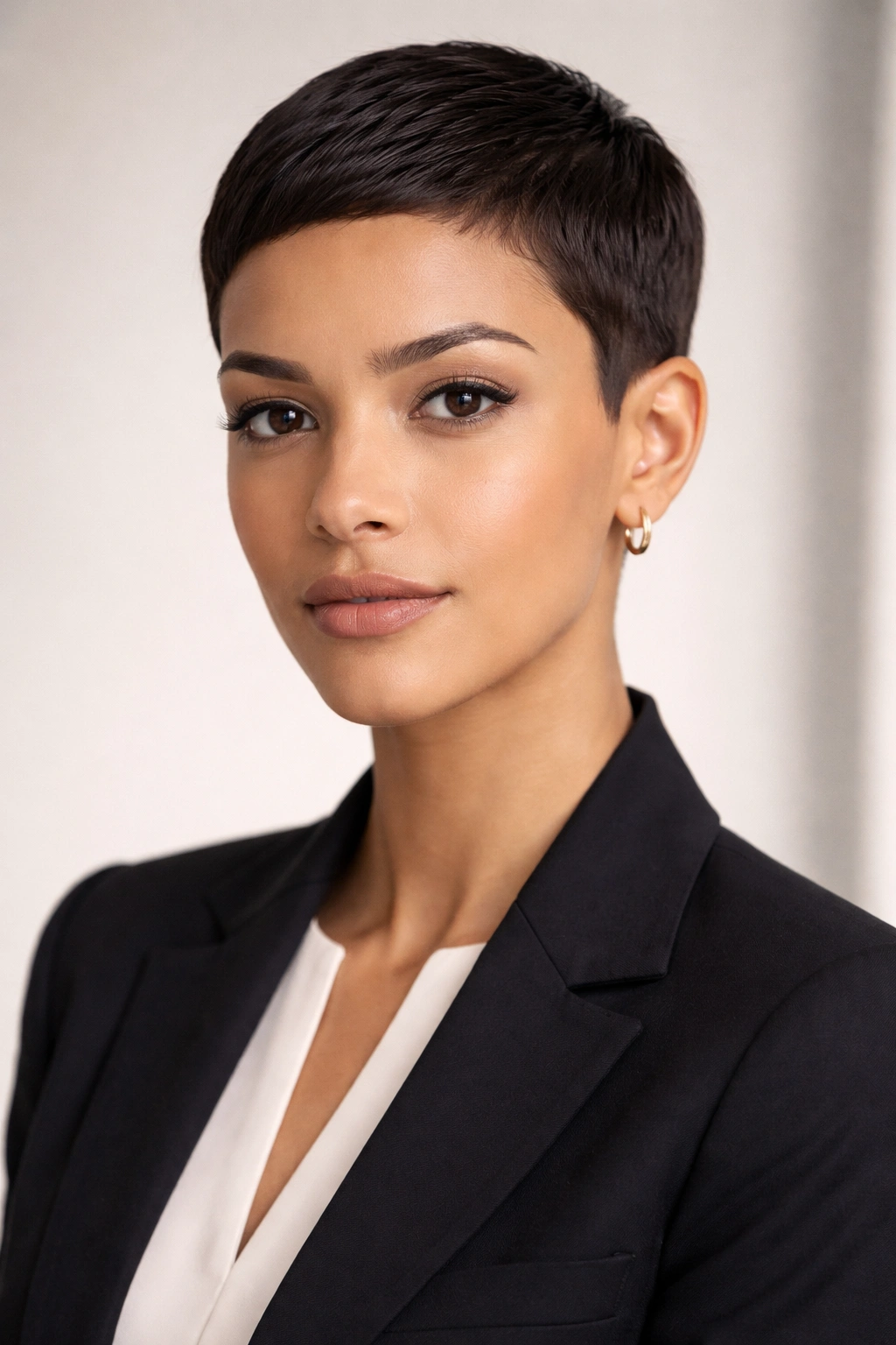 Close-up portrait of a person with a sleek, polished short cut