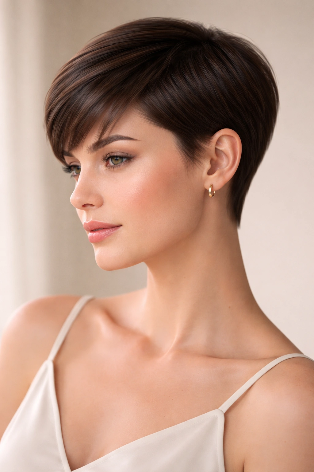 20 Very Short Haircuts That Still Look Feminine 19 Close-up of a sleek short haircut with a subtle taper on the sides.
