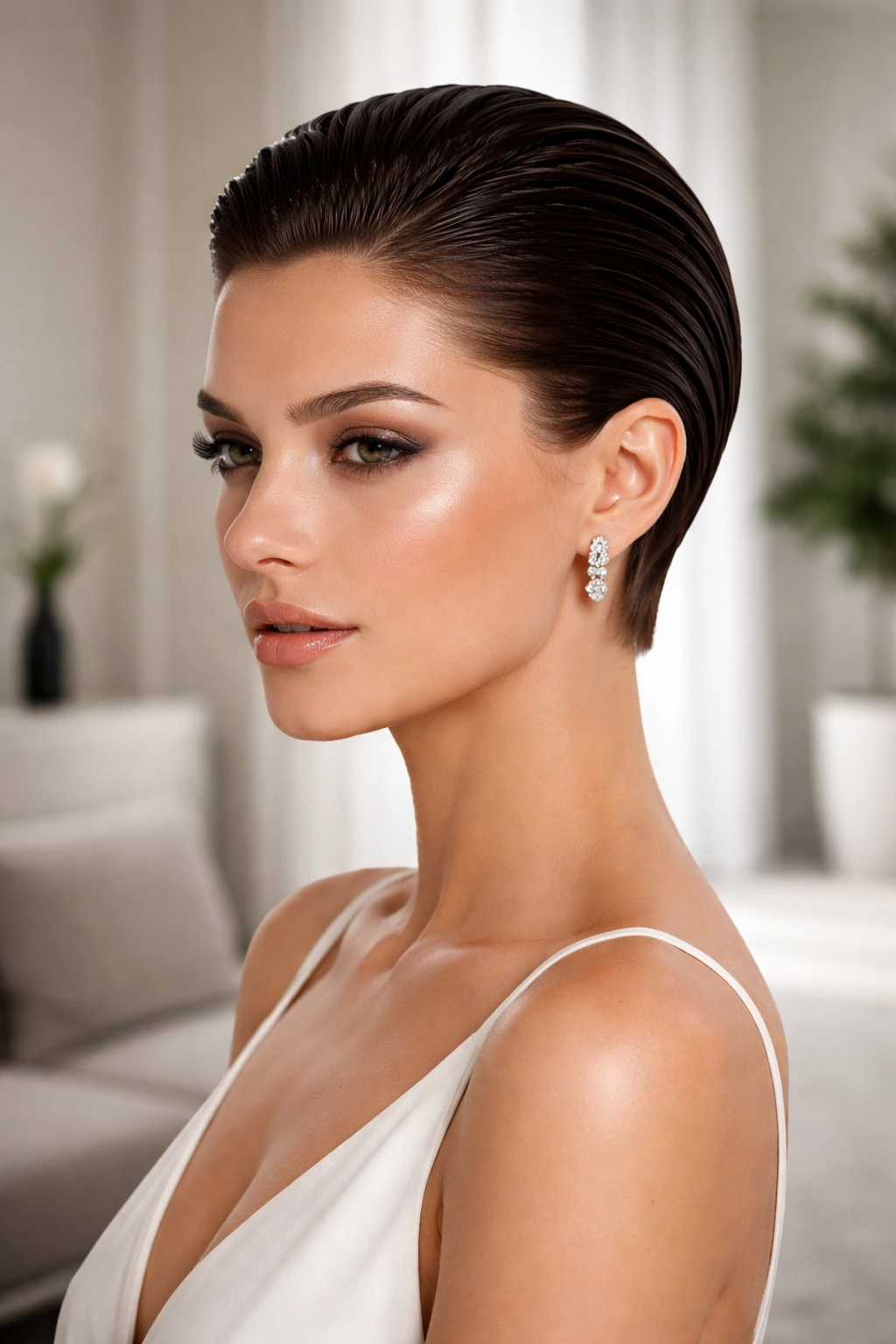 Blunt short cut with sleek glossy finish and sharp lines