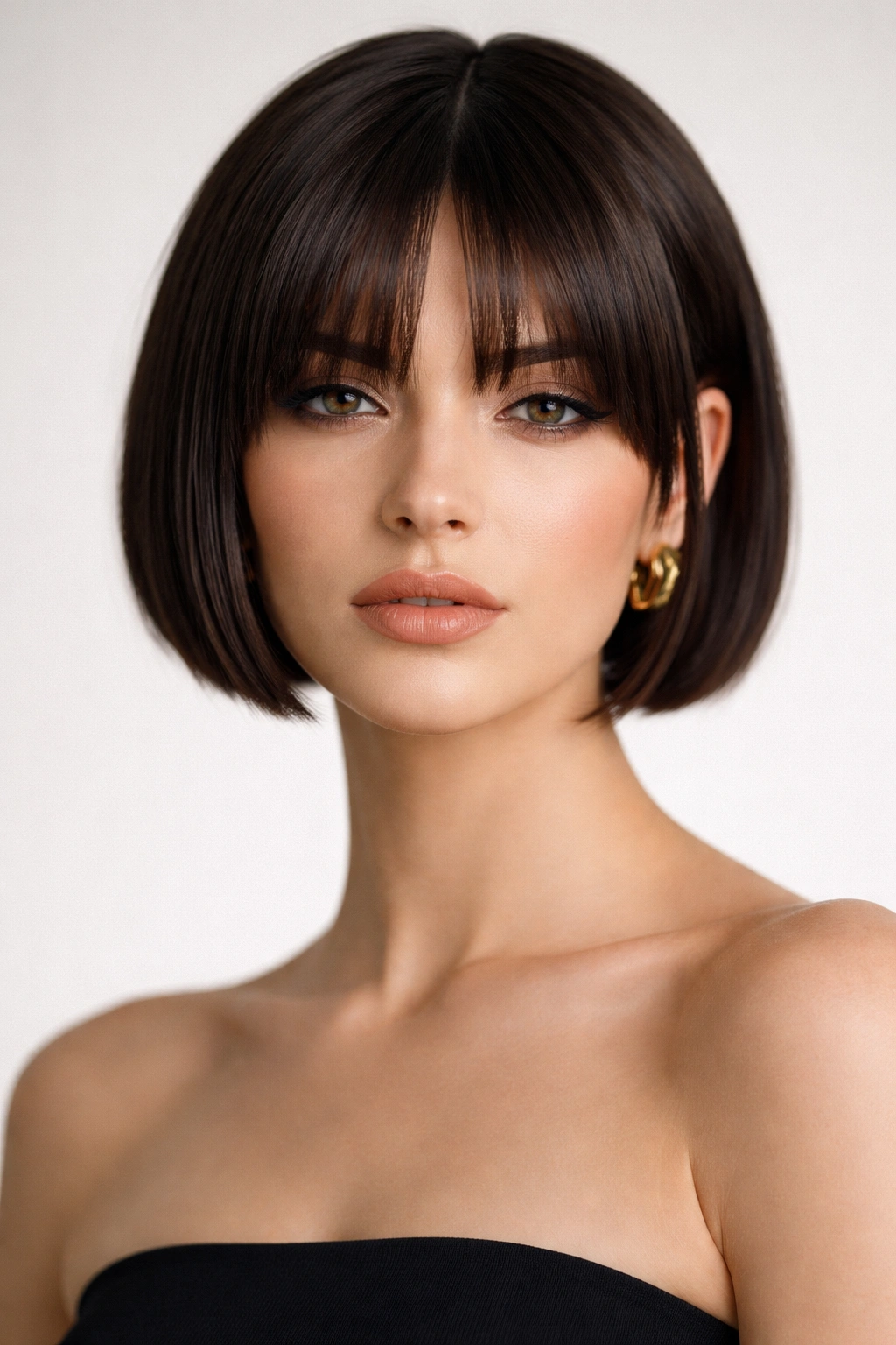 Portrait of a model with sleek short hair and blunt curtain bangs.