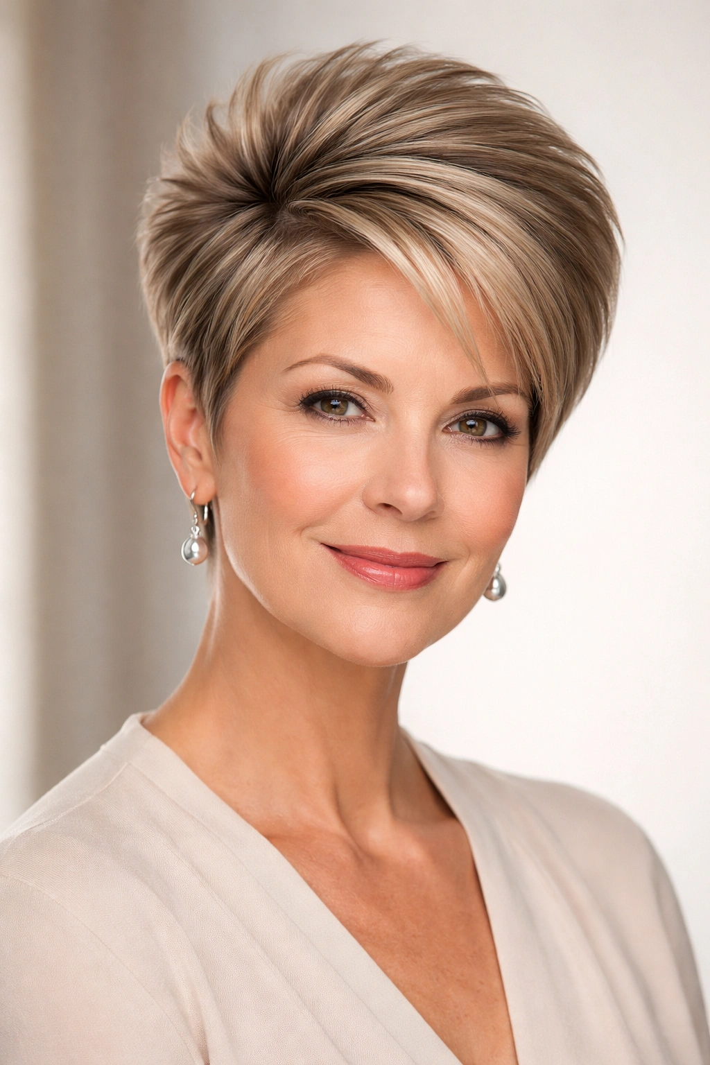 Sleek short hairstyle with top crown volume.