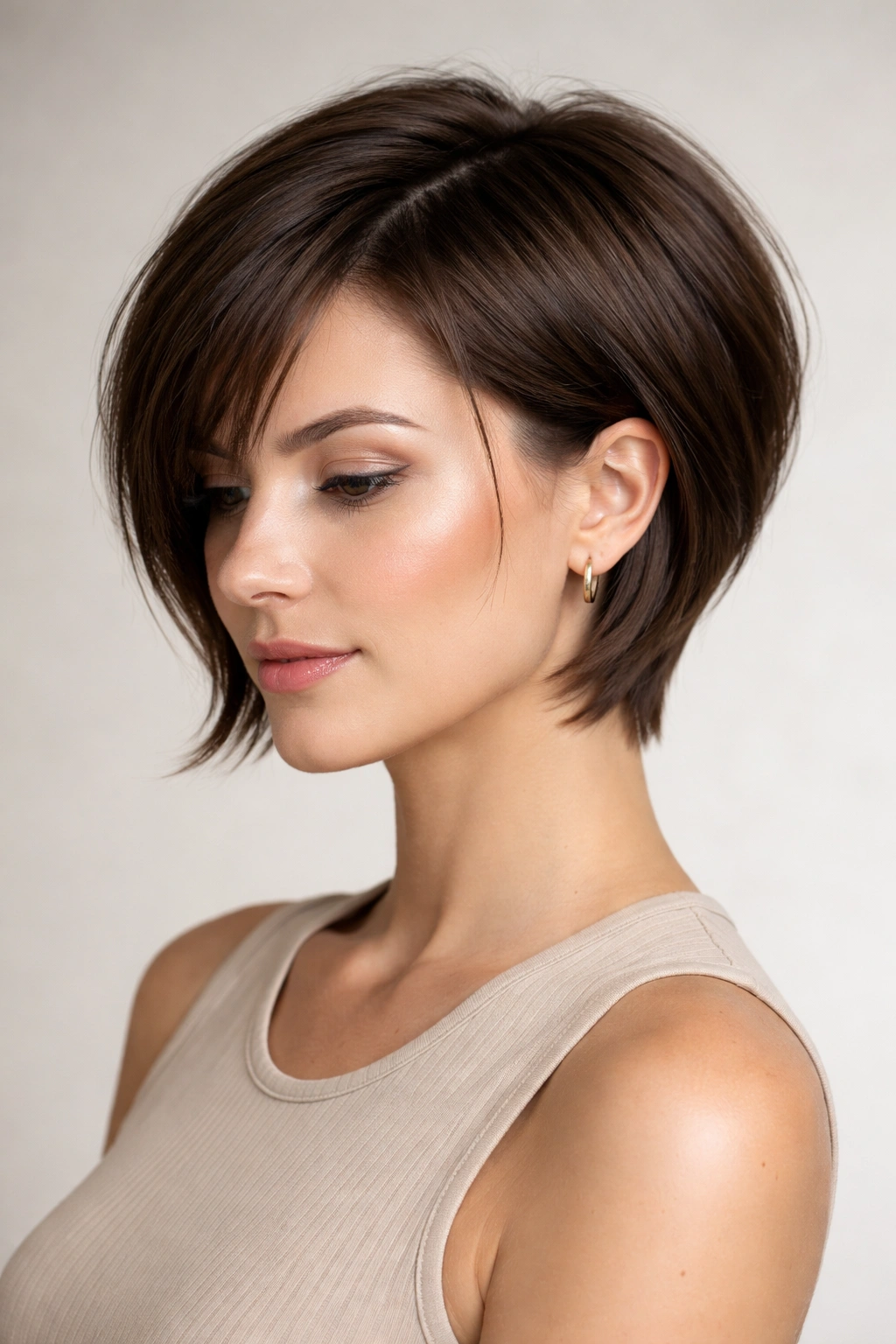 Sleek short layered cut with layered top and smooth silhouette