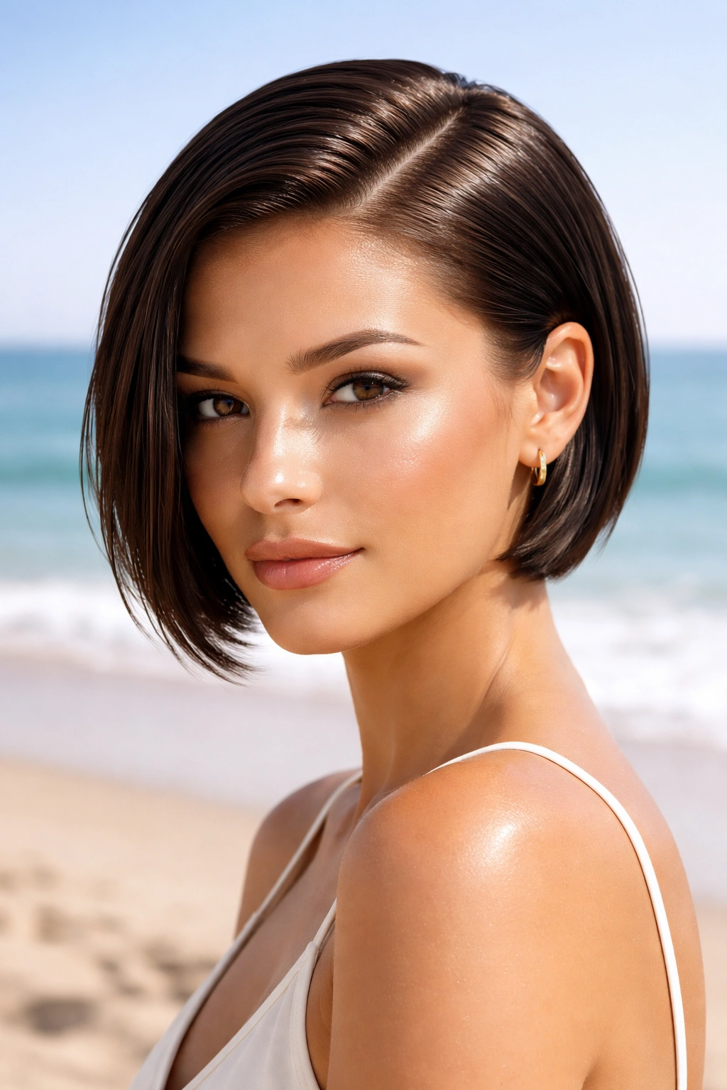 Close-up of sleek side-part short hair with glossy finish at the beach