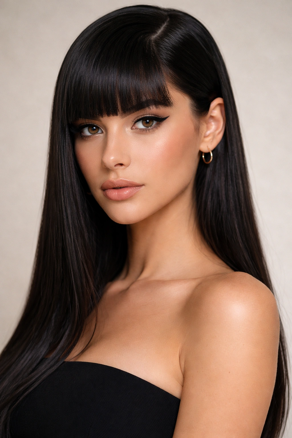 12 Side Part Hairstyles Everyone Is Getting Now 3 Sleek straight hair with side part and blunt bangs framing the eyes