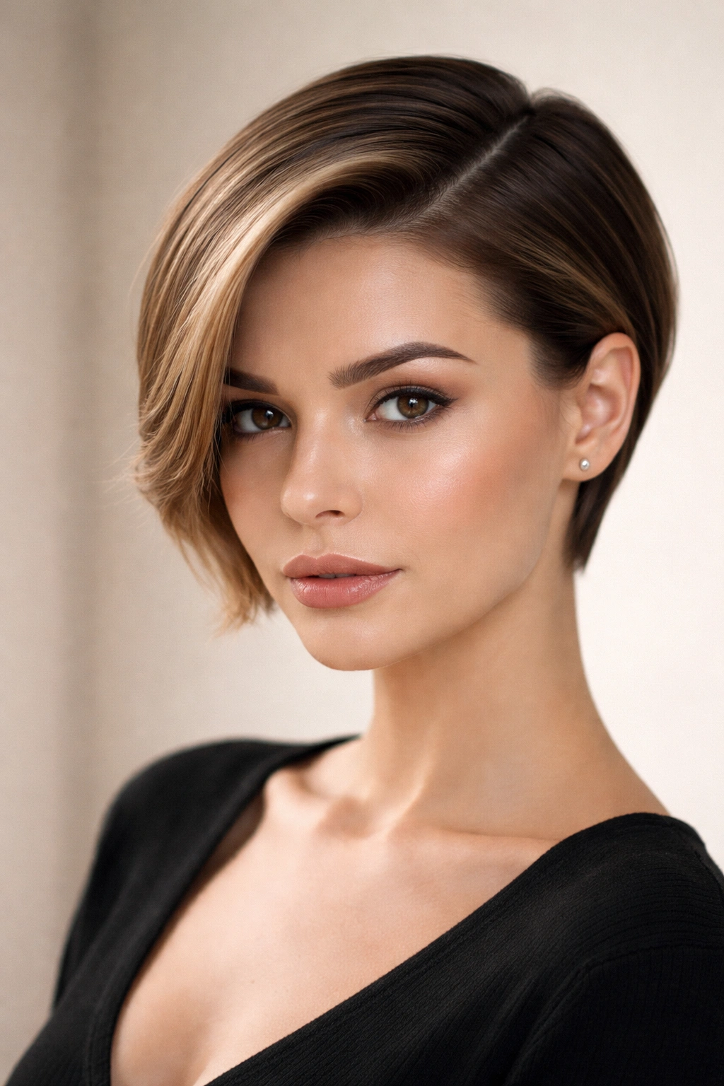 15 Short Haircuts That Look Great Without Bangs 15 Three-quarter view of a short sleek side-part hairstyle with a defined part