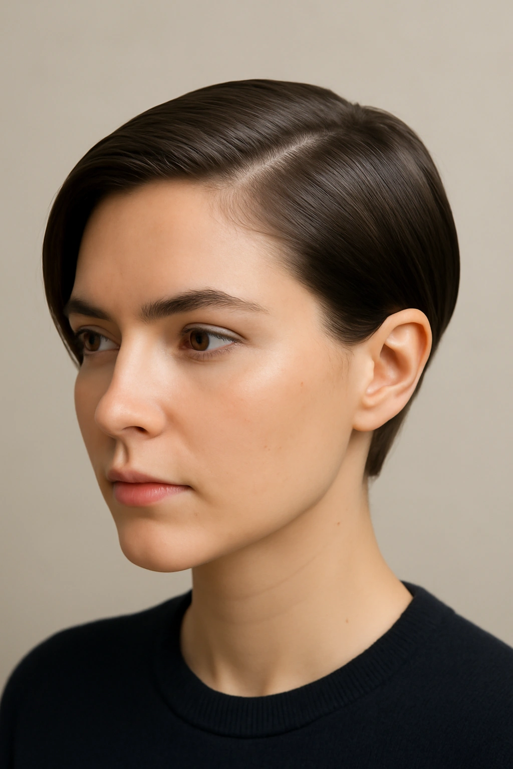 10 Easy Short Hairstyles Perfect for School Days 7 Close-up of a short-haired person with a sleek side part tucked behind the ear.