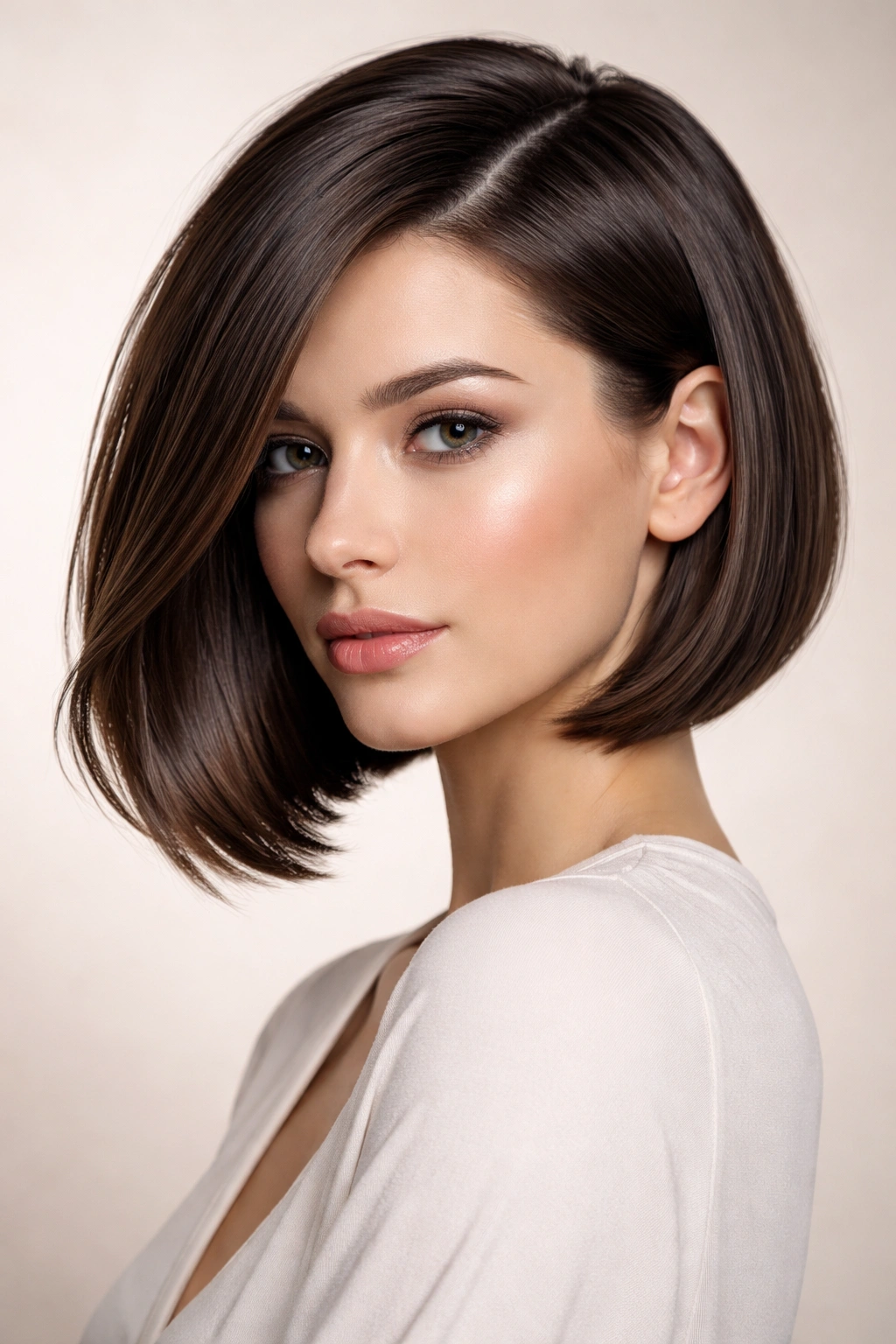 Three-quarter view of a sleek side-parted bob with a deep part
